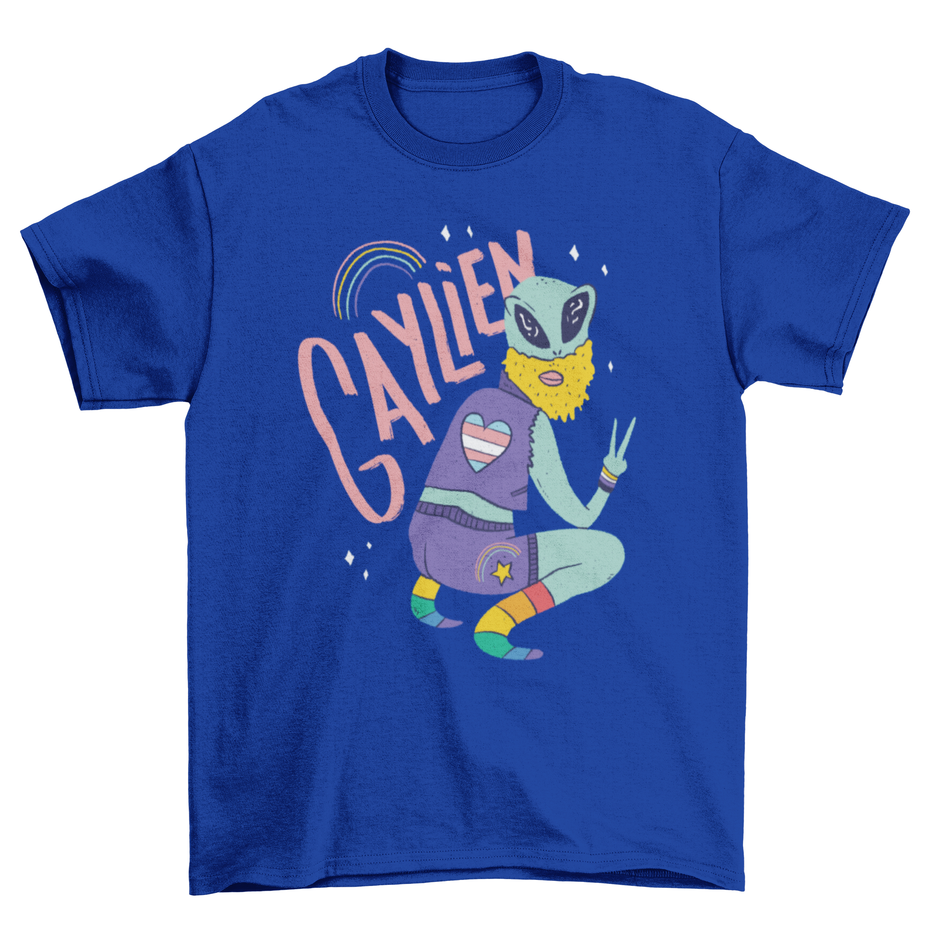 Colorful T-shirt design featuring a gay alien and the text 'GAYLIEN', perfect for pride and individuality.
