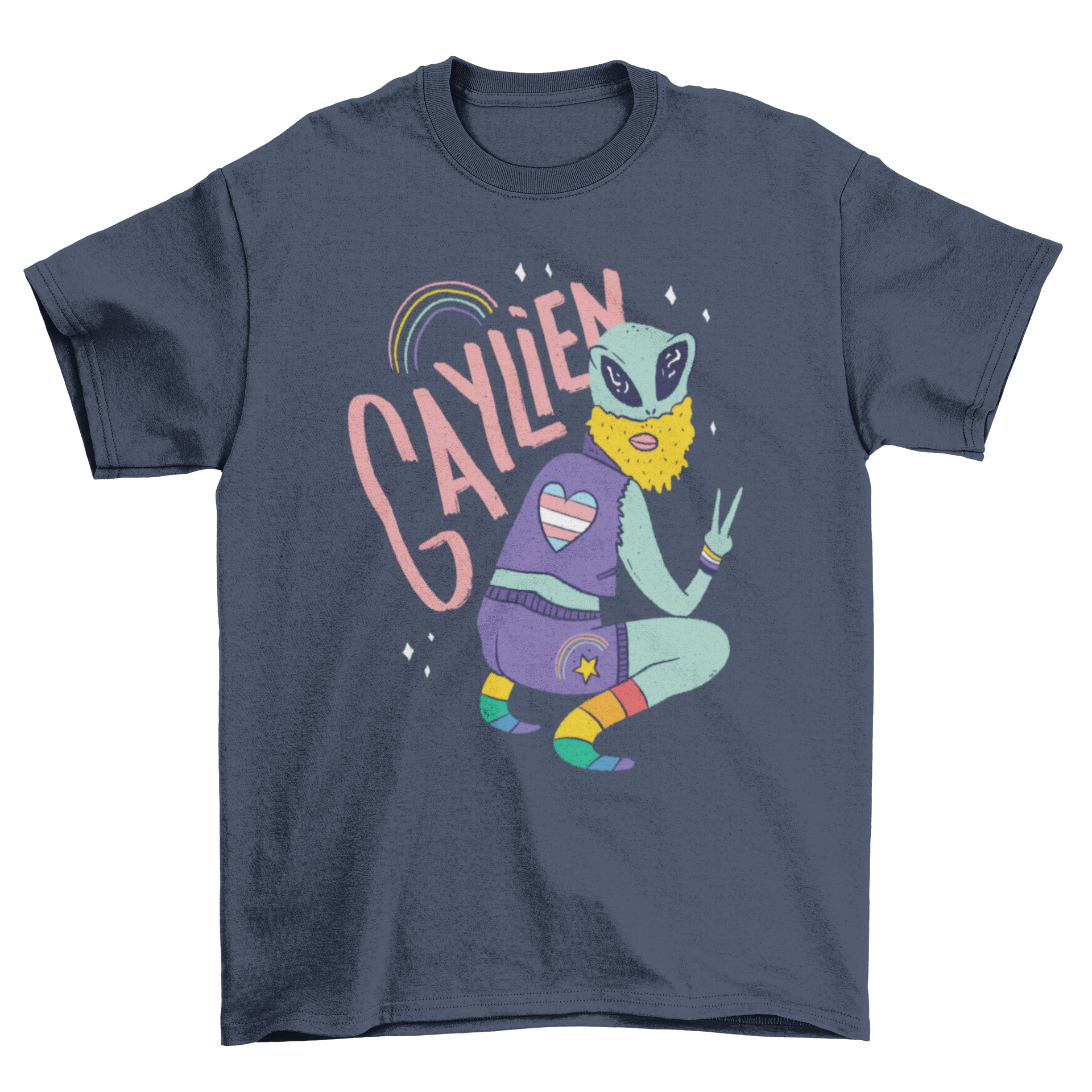 Colorful T-shirt design featuring a gay alien and the text 'GAYLIEN', perfect for pride and individuality.