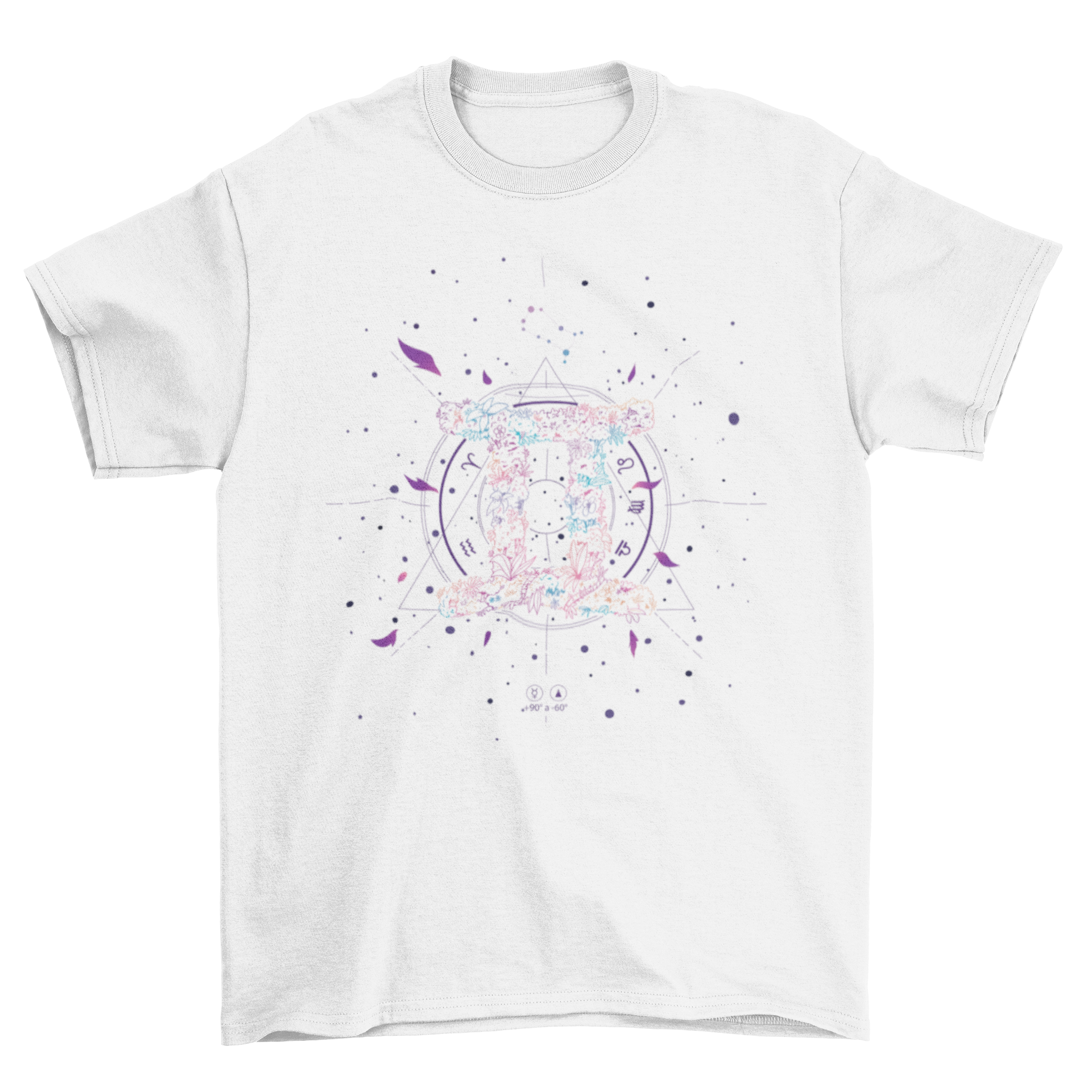 Gemini floral zodiac sign t-shirt featuring intricate flower line art design.