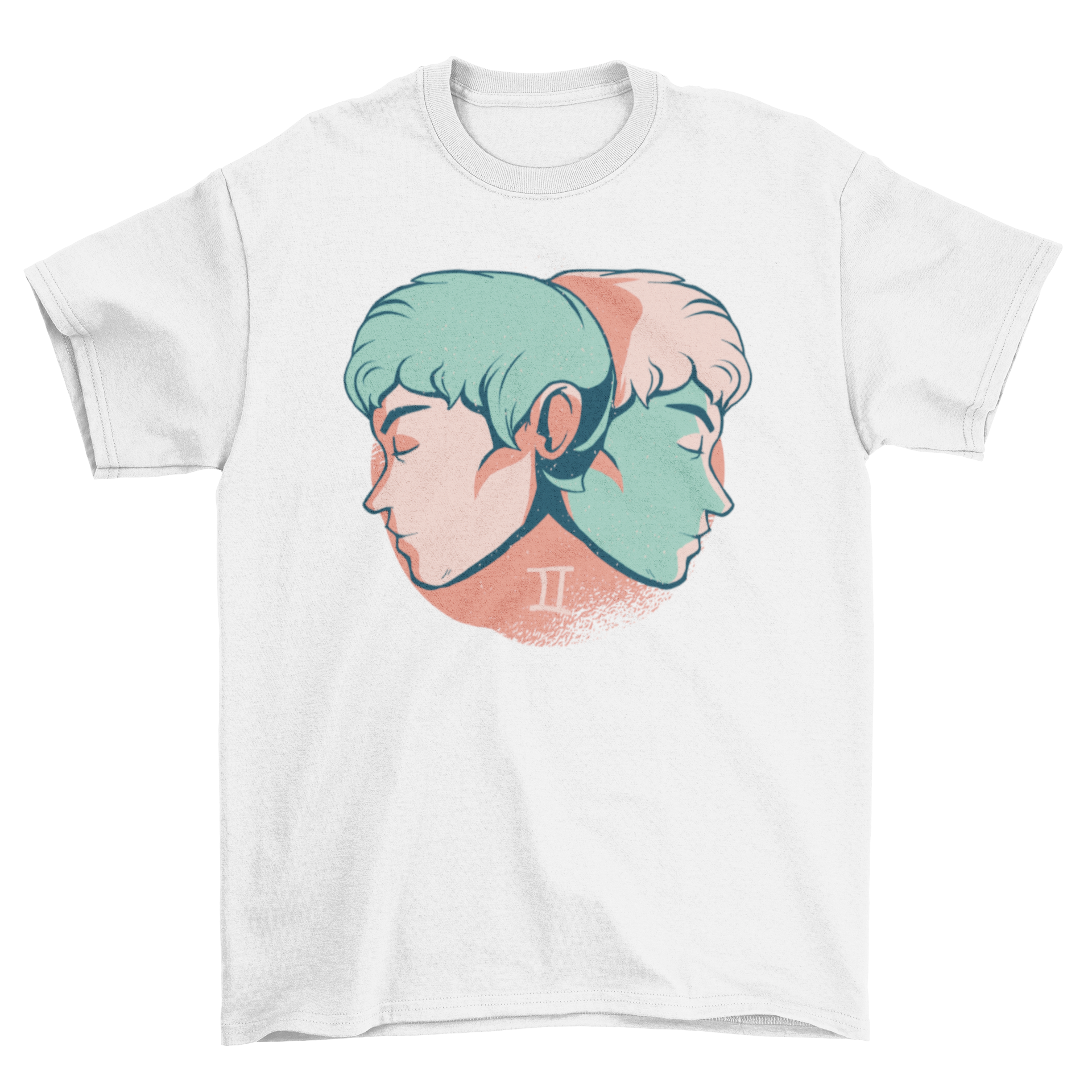 Gemini Horoscope T-Shirt with twin male faces on tangerine background.
