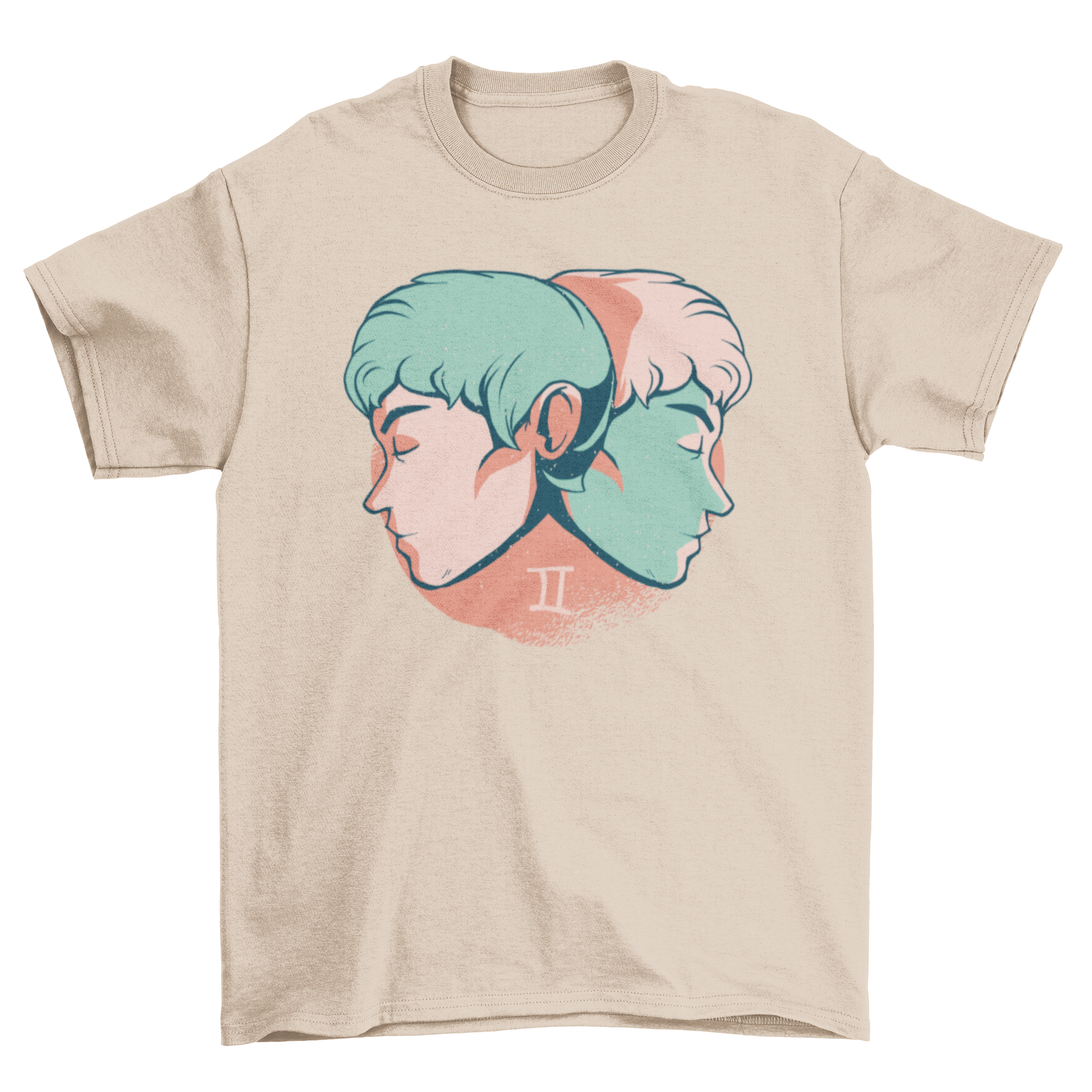 Gemini Horoscope T-Shirt with twin male faces on tangerine background.