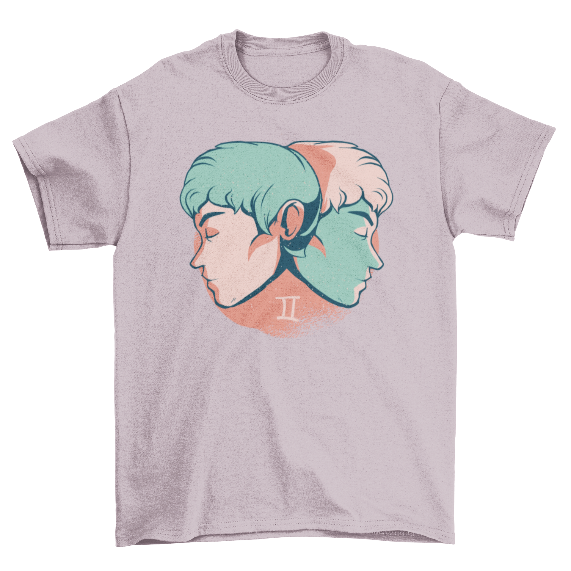 Gemini Horoscope T-Shirt with twin male faces on tangerine background.
