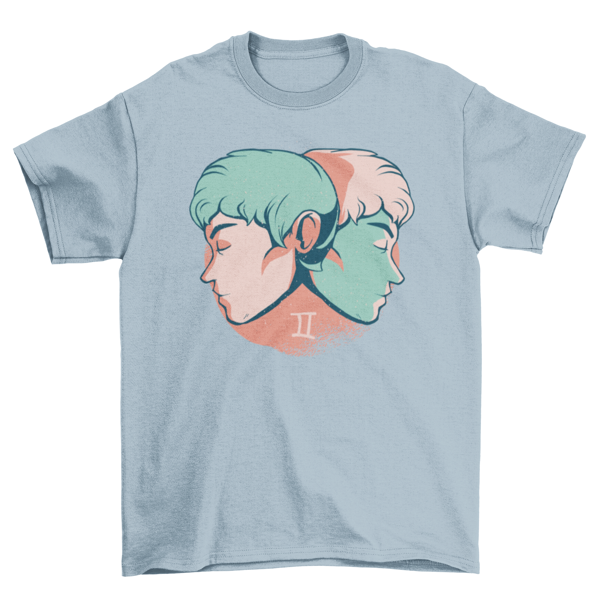 Gemini Horoscope T-Shirt with twin male faces on tangerine background.