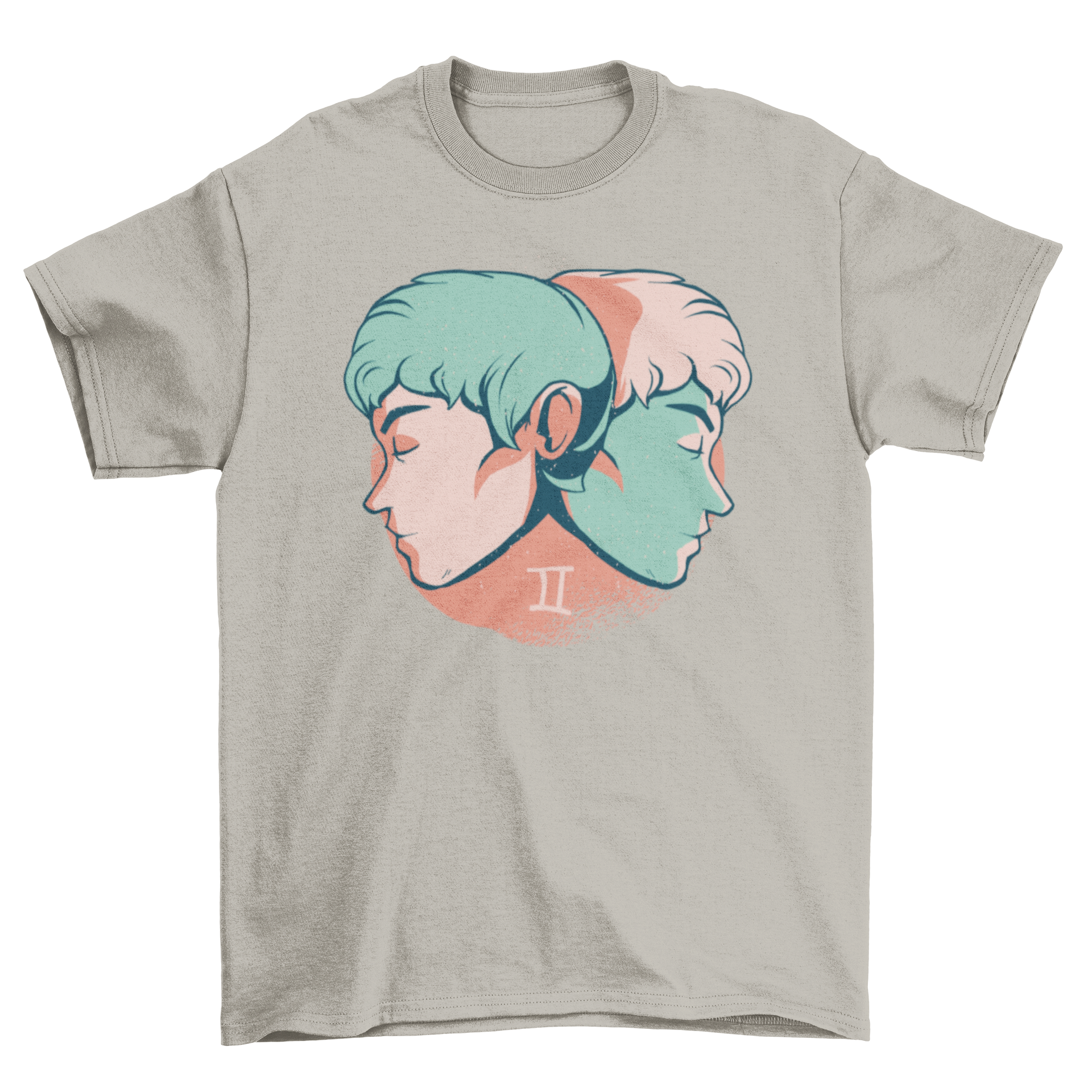 Gemini Horoscope T-Shirt with twin male faces on tangerine background.