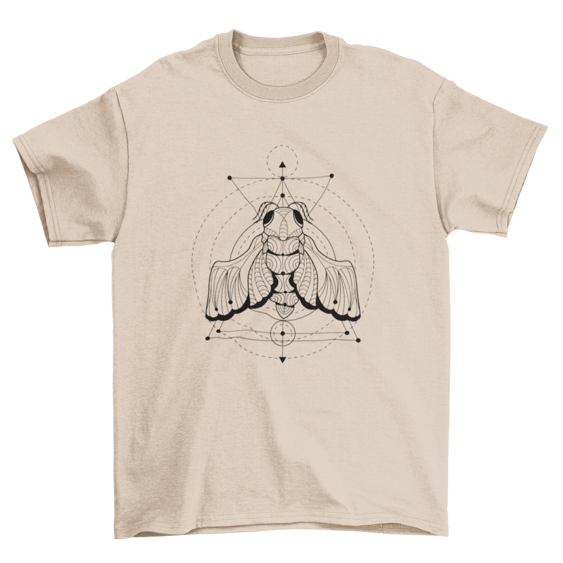Stylish geometric cicada insect t-shirt design featuring intricate line art.