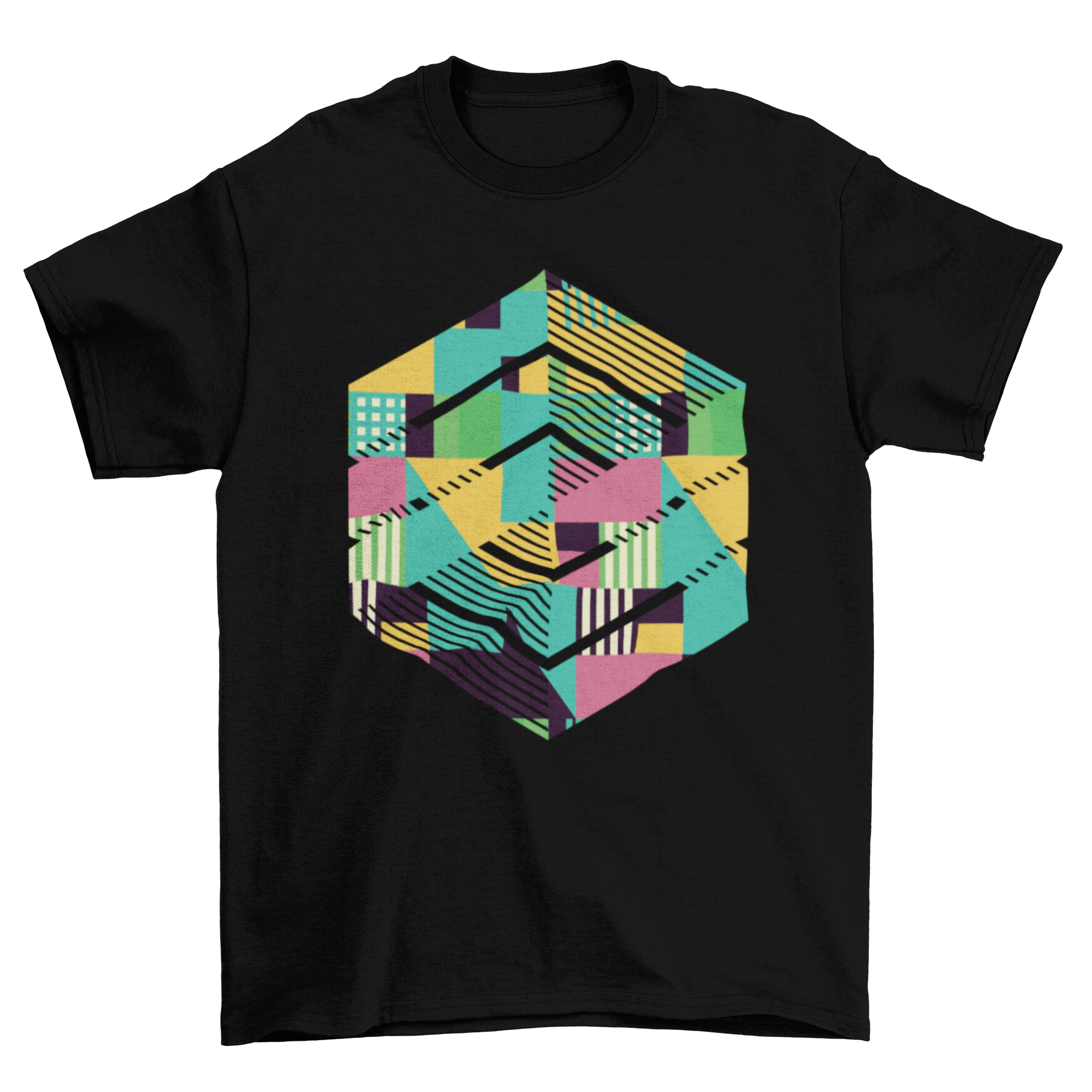 Colorful t-shirt featuring geometric cube abstract shapes design, showcasing vibrant colors and unique patterns.