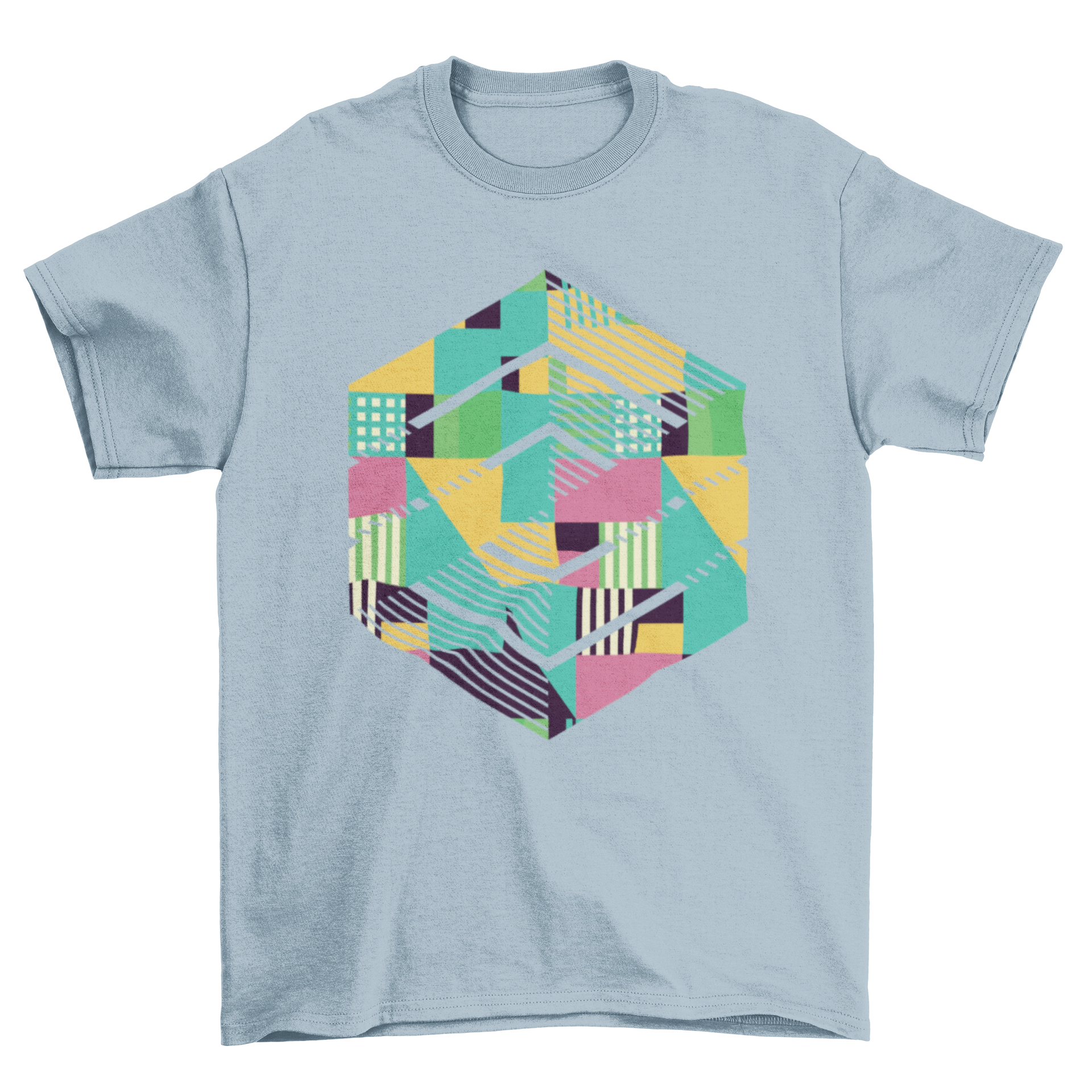Colorful t-shirt featuring geometric cube abstract shapes design, showcasing vibrant colors and unique patterns.