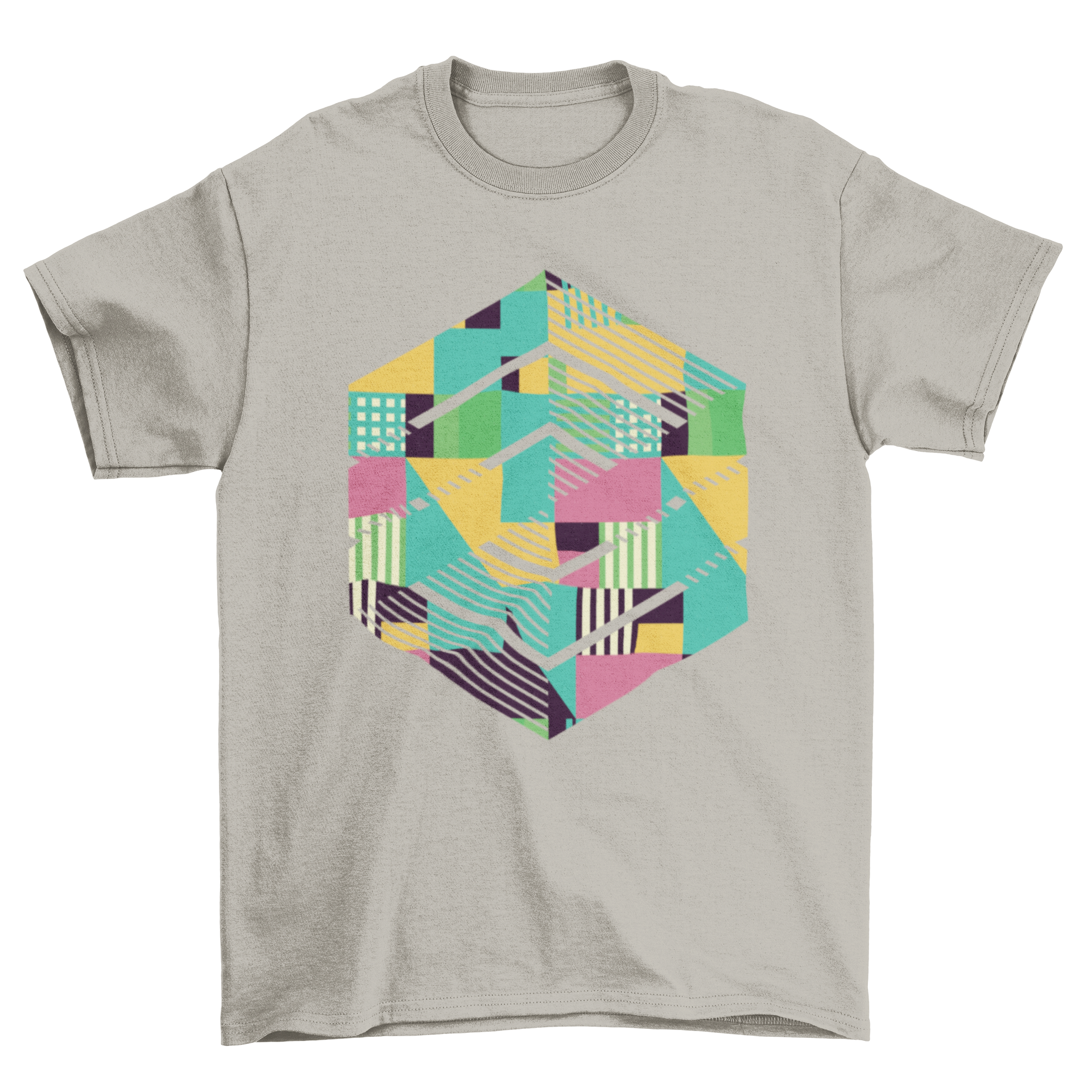 Colorful t-shirt featuring geometric cube abstract shapes design, showcasing vibrant colors and unique patterns.