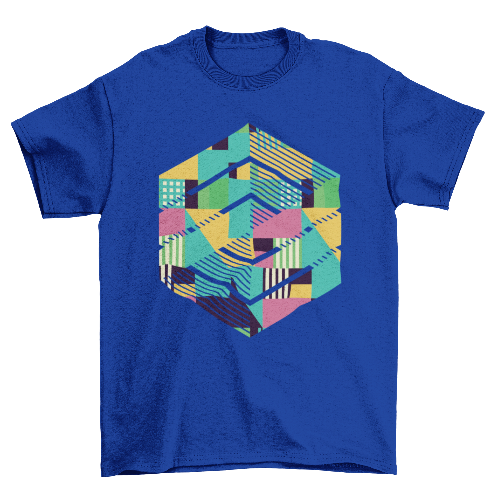 Colorful t-shirt featuring geometric cube abstract shapes design, showcasing vibrant colors and unique patterns.