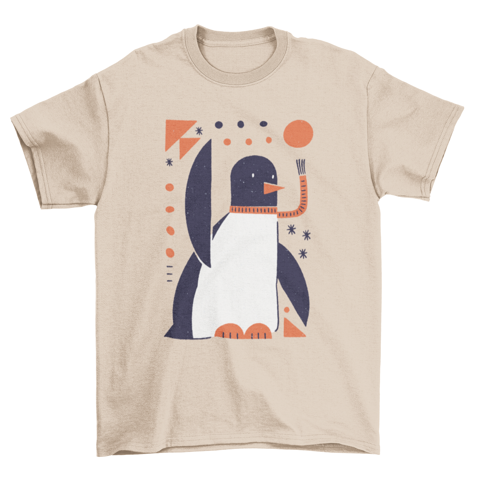 A stylish geometric penguin t-shirt featuring a penguin in a scarf surrounded by geometric shapes.