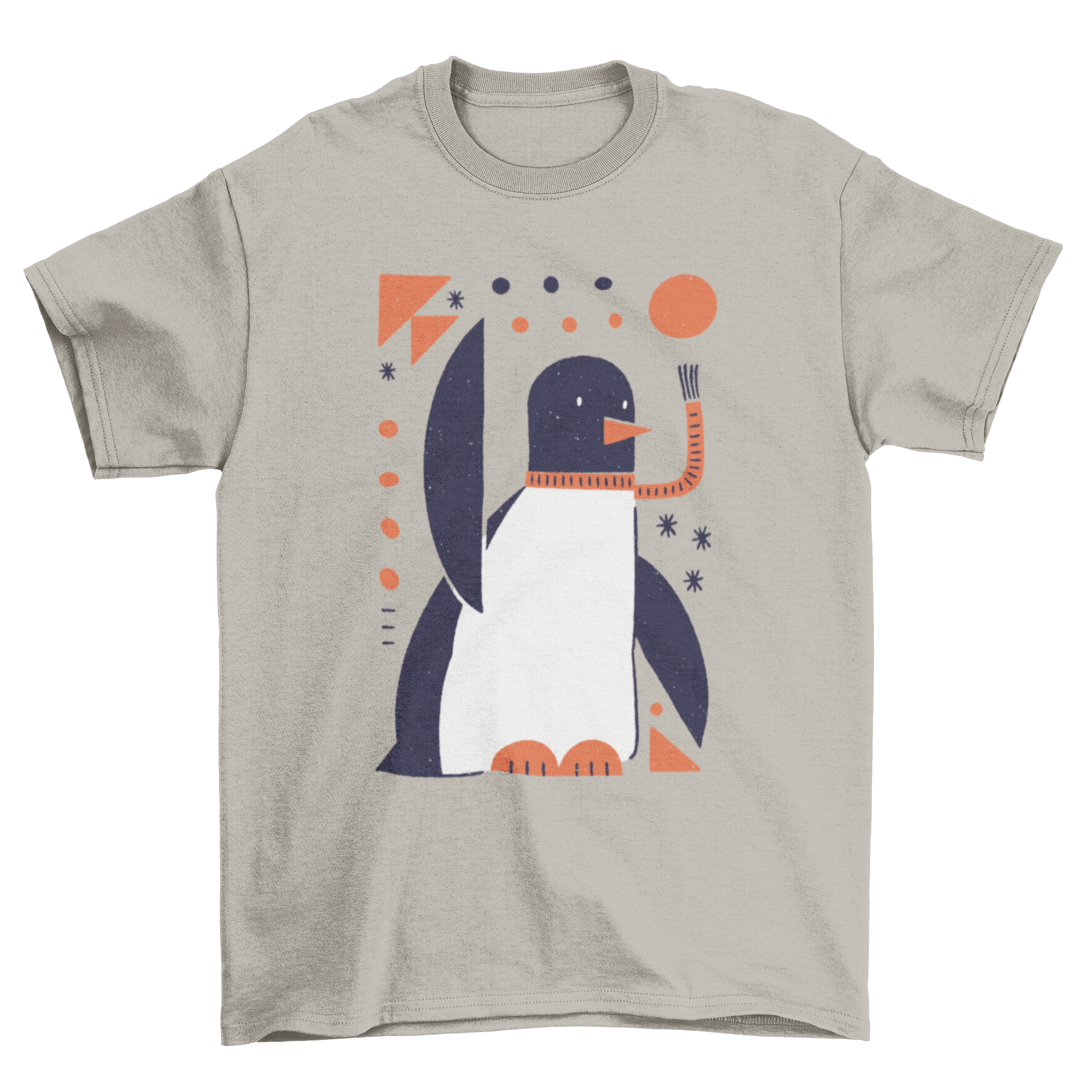 A stylish geometric penguin t-shirt featuring a penguin in a scarf surrounded by geometric shapes.