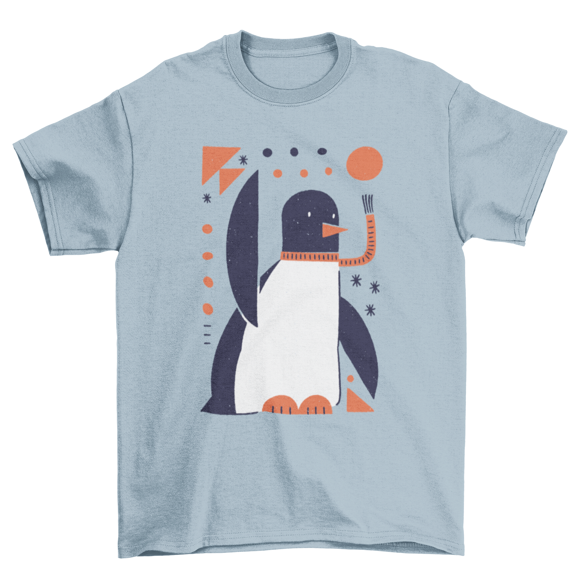 A stylish geometric penguin t-shirt featuring a penguin in a scarf surrounded by geometric shapes.
