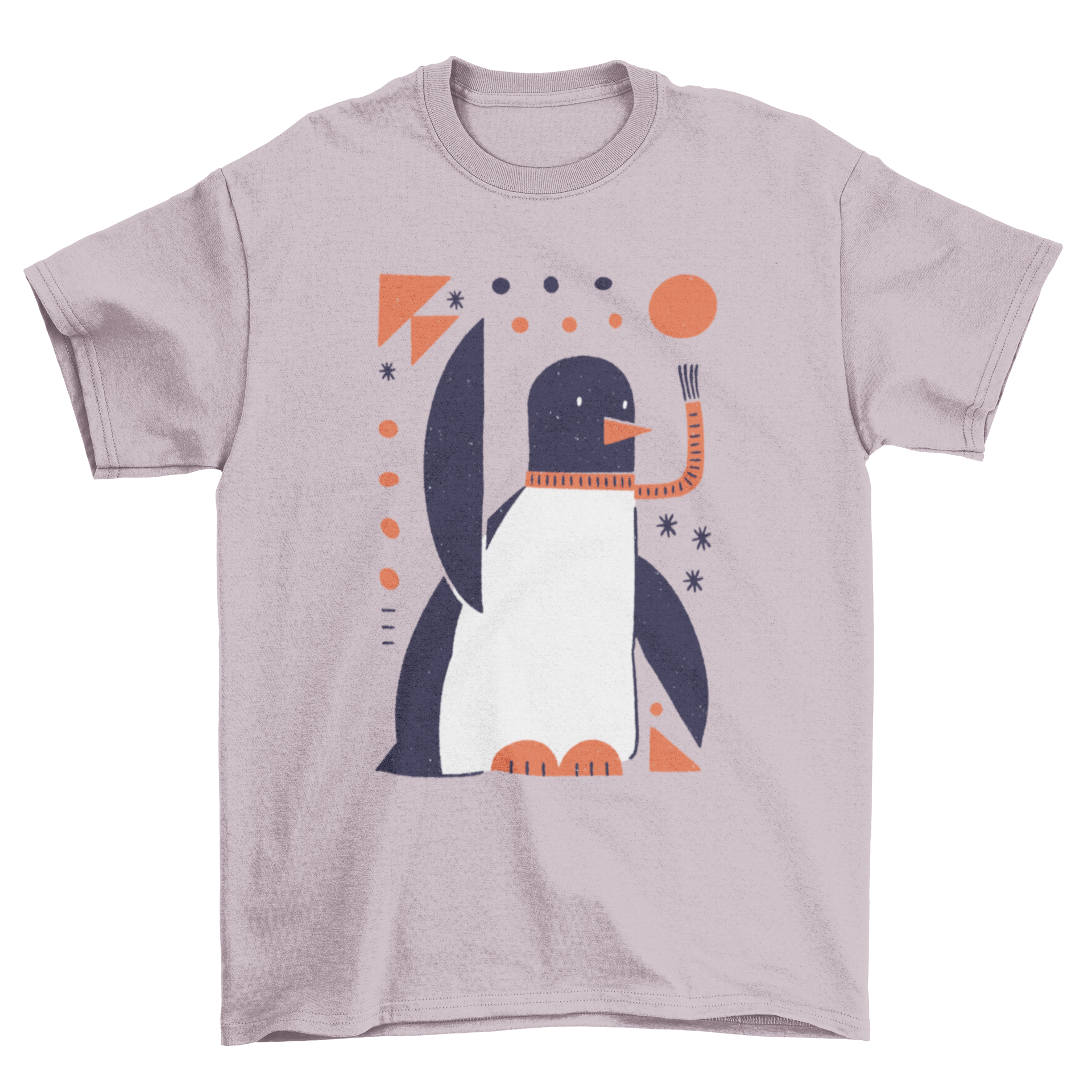 A stylish geometric penguin t-shirt featuring a penguin in a scarf surrounded by geometric shapes.