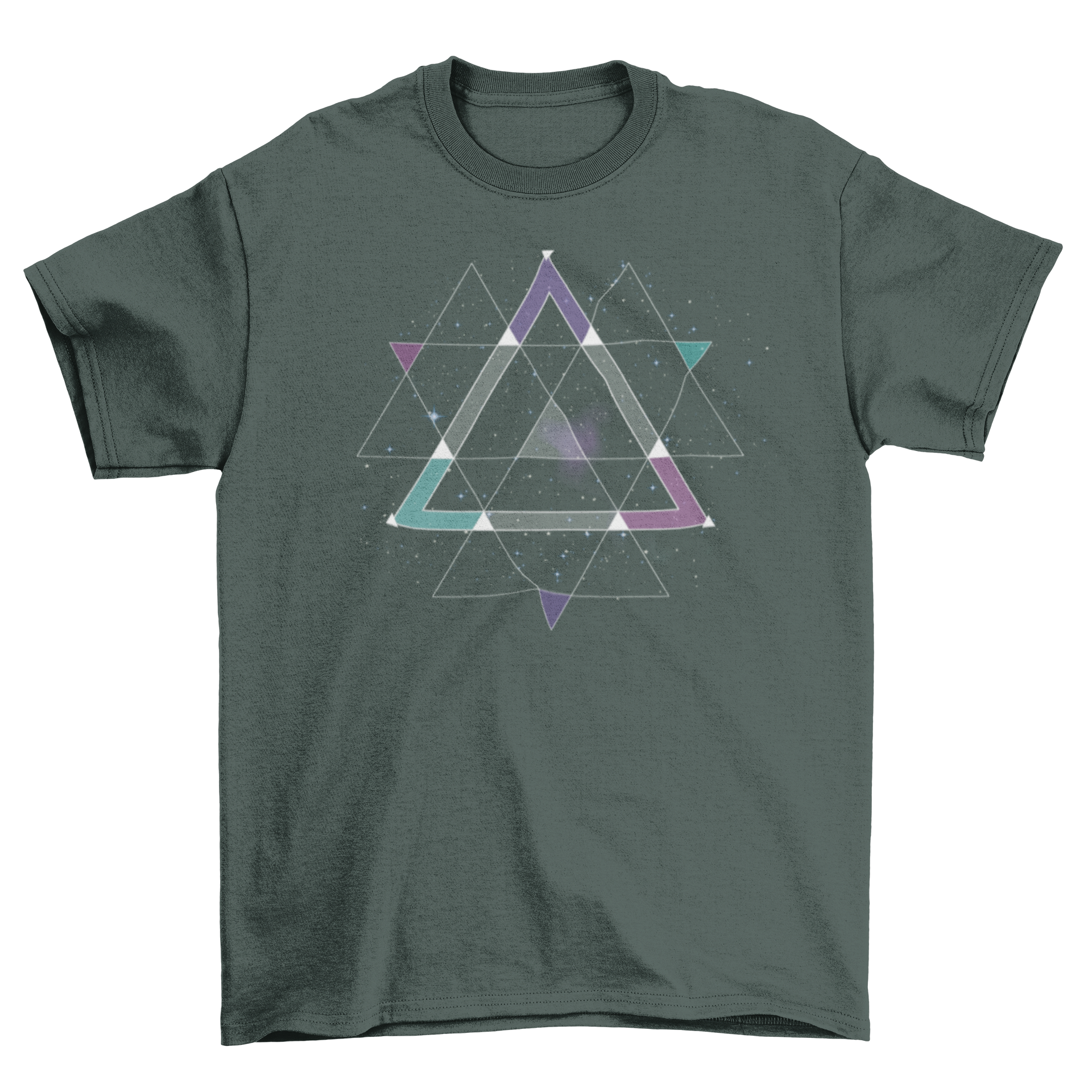 A stylish Geometric Space Graphic T-shirt featuring an abstract space-themed design with geometric patterns in vibrant colors.