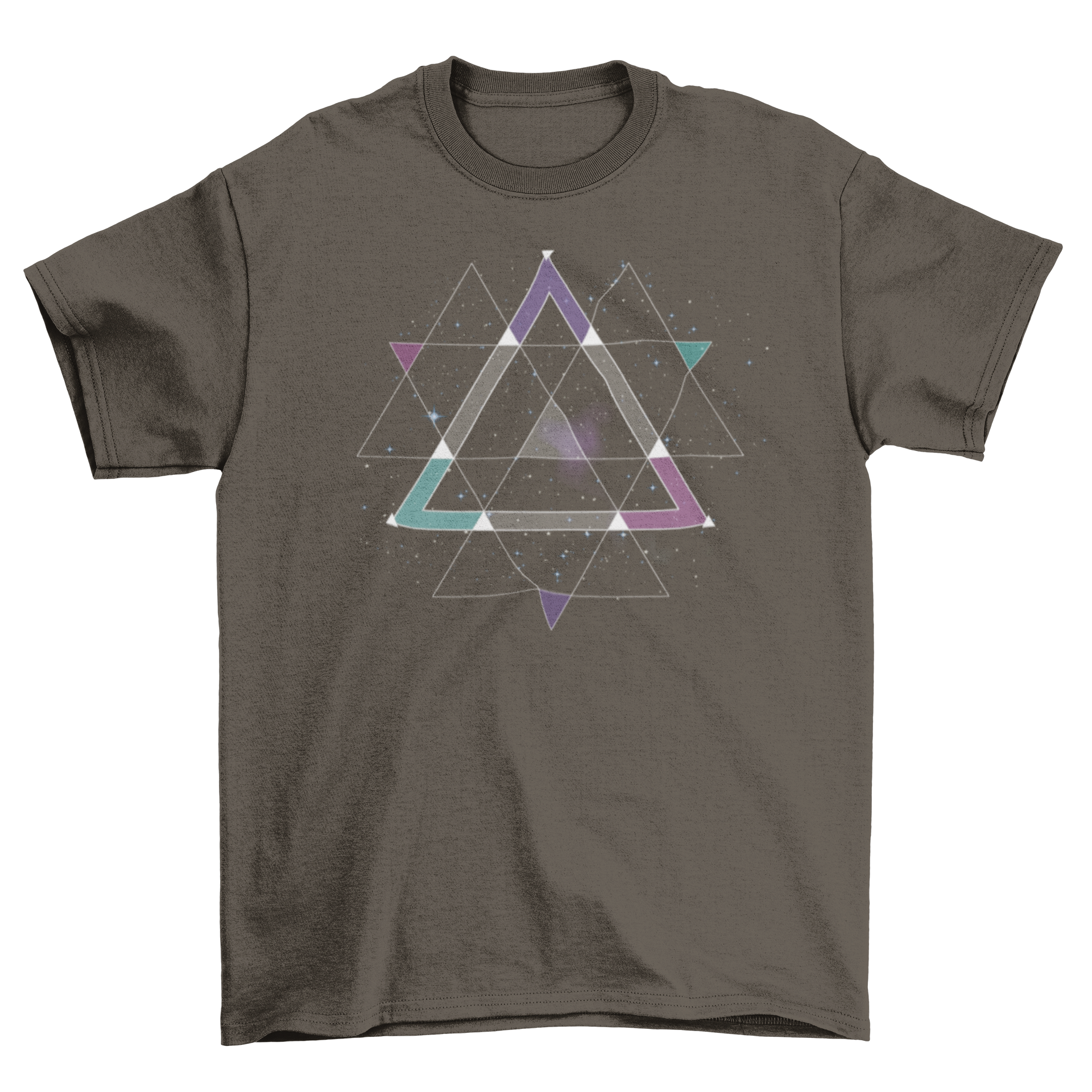 A stylish Geometric Space Graphic T-shirt featuring an abstract space-themed design with geometric patterns in vibrant colors.