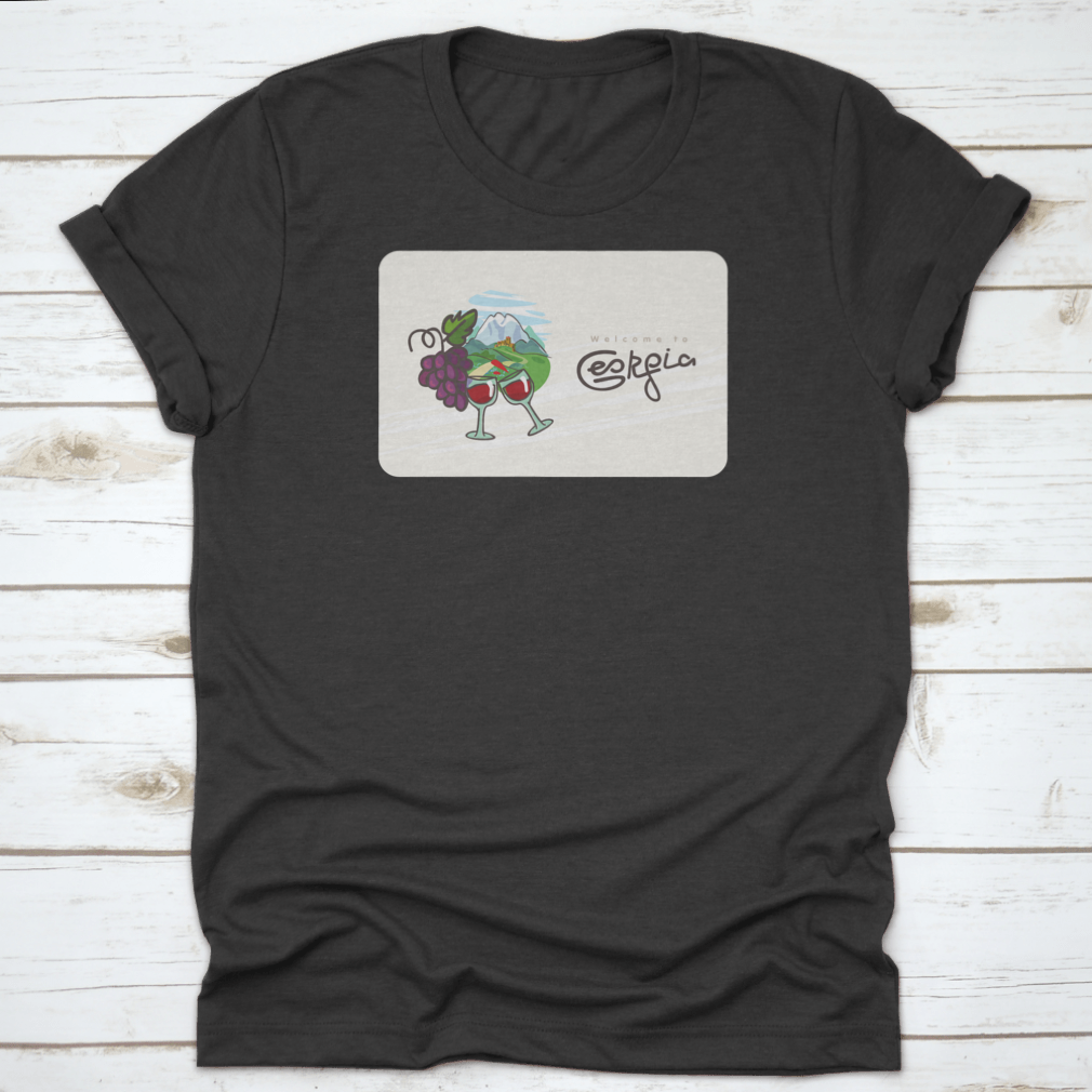 Georgia Travel Shirt featuring a design of Georgian wine, glasses, and grapes on a comfortable cotton fabric.