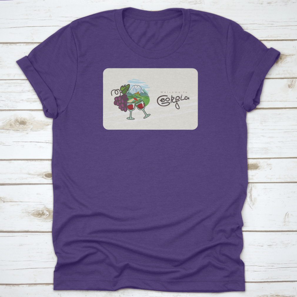 Georgia Travel Shirt featuring a design of Georgian wine, glasses, and grapes on a comfortable cotton fabric.