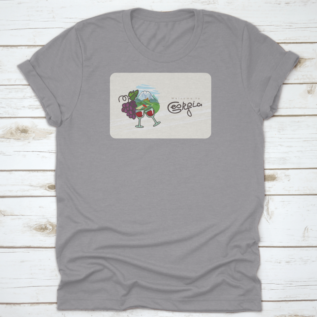 Georgia Travel Shirt featuring a design of Georgian wine, glasses, and grapes on a comfortable cotton fabric.