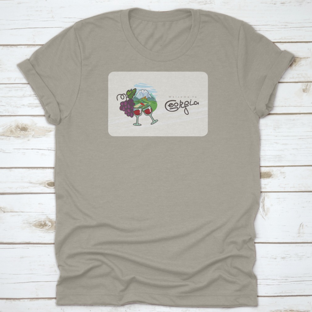 Georgia Travel Shirt featuring a design of Georgian wine, glasses, and grapes on a comfortable cotton fabric.