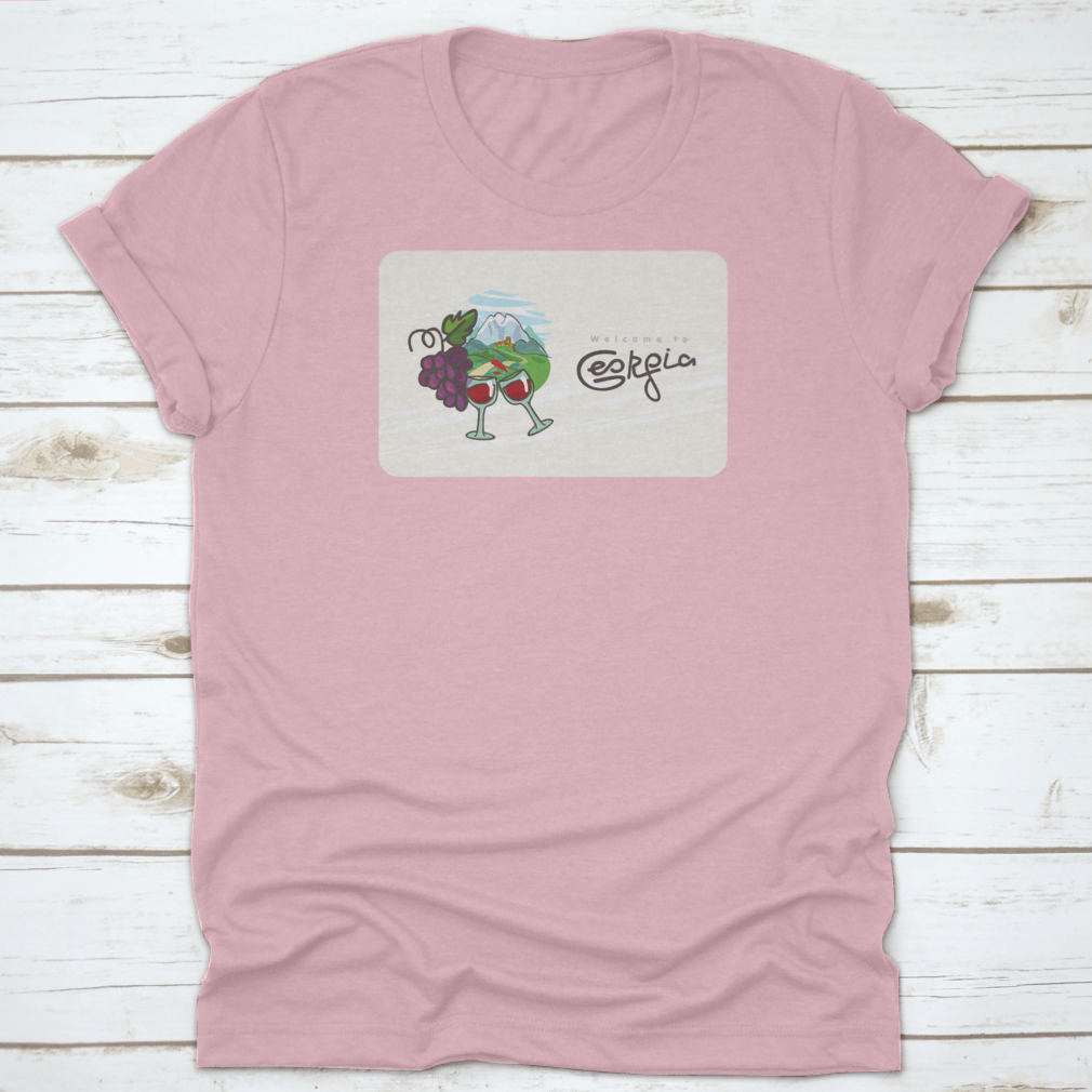 Georgia Travel Shirt featuring a design of Georgian wine, glasses, and grapes on a comfortable cotton fabric.