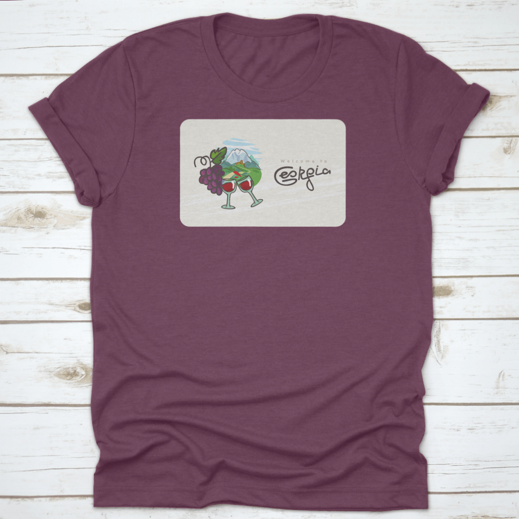 Georgia Travel Shirt featuring a design of Georgian wine, glasses, and grapes on a comfortable cotton fabric.