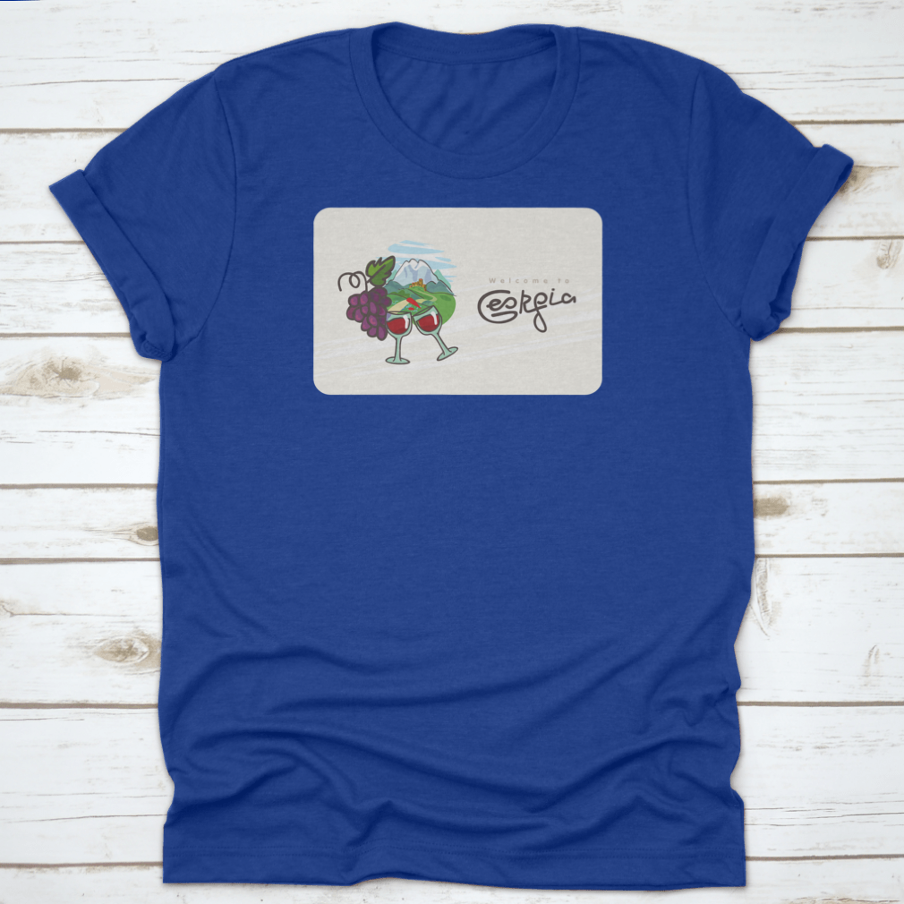 Georgia Travel Shirt featuring a design of Georgian wine, glasses, and grapes on a comfortable cotton fabric.