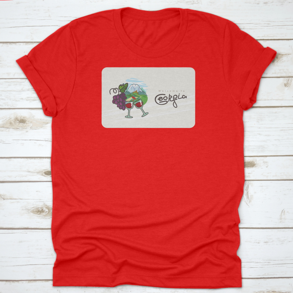 Georgia Travel Shirt featuring a design of Georgian wine, glasses, and grapes on a comfortable cotton fabric.