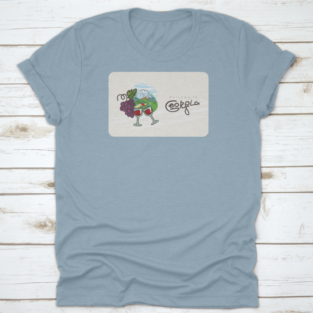 Georgia Travel Shirt featuring a design of Georgian wine, glasses, and grapes on a comfortable cotton fabric.