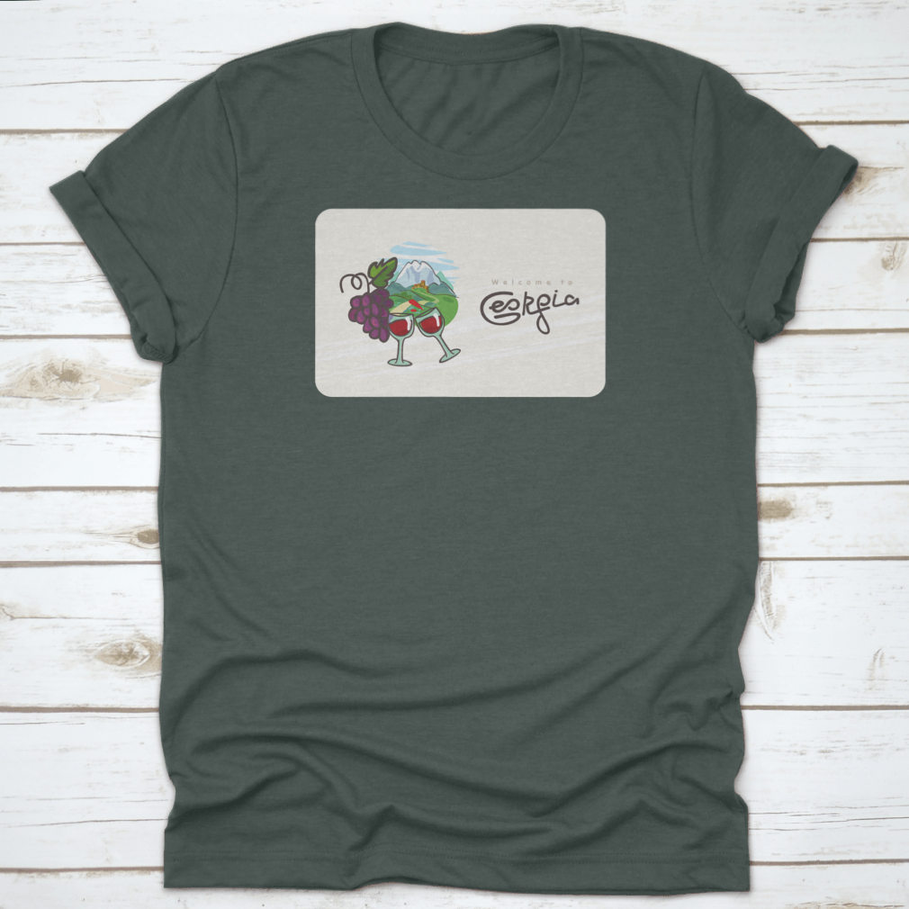 Georgia Travel Shirt featuring a design of Georgian wine, glasses, and grapes on a comfortable cotton fabric.