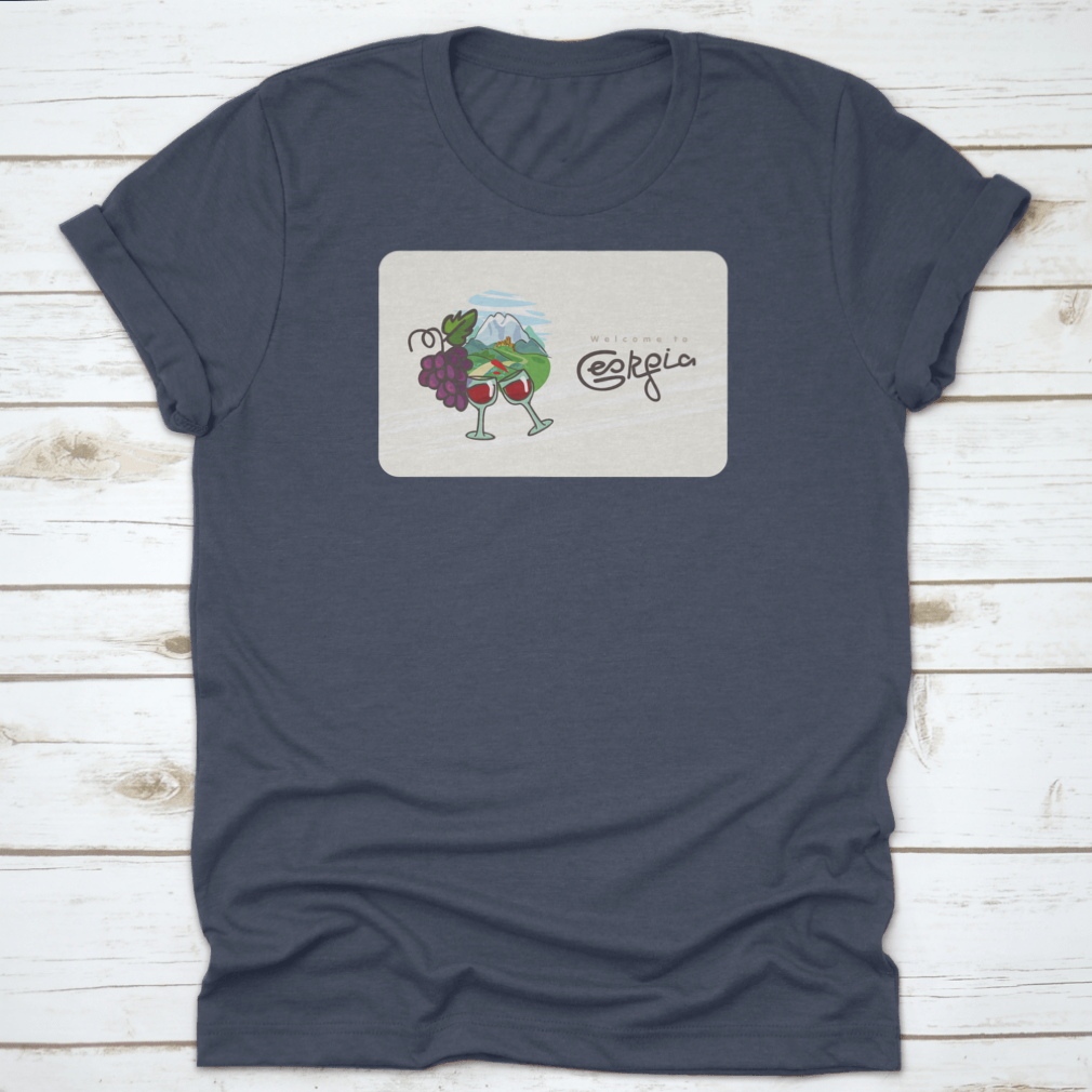 Georgia Travel Shirt featuring a design of Georgian wine, glasses, and grapes on a comfortable cotton fabric.
