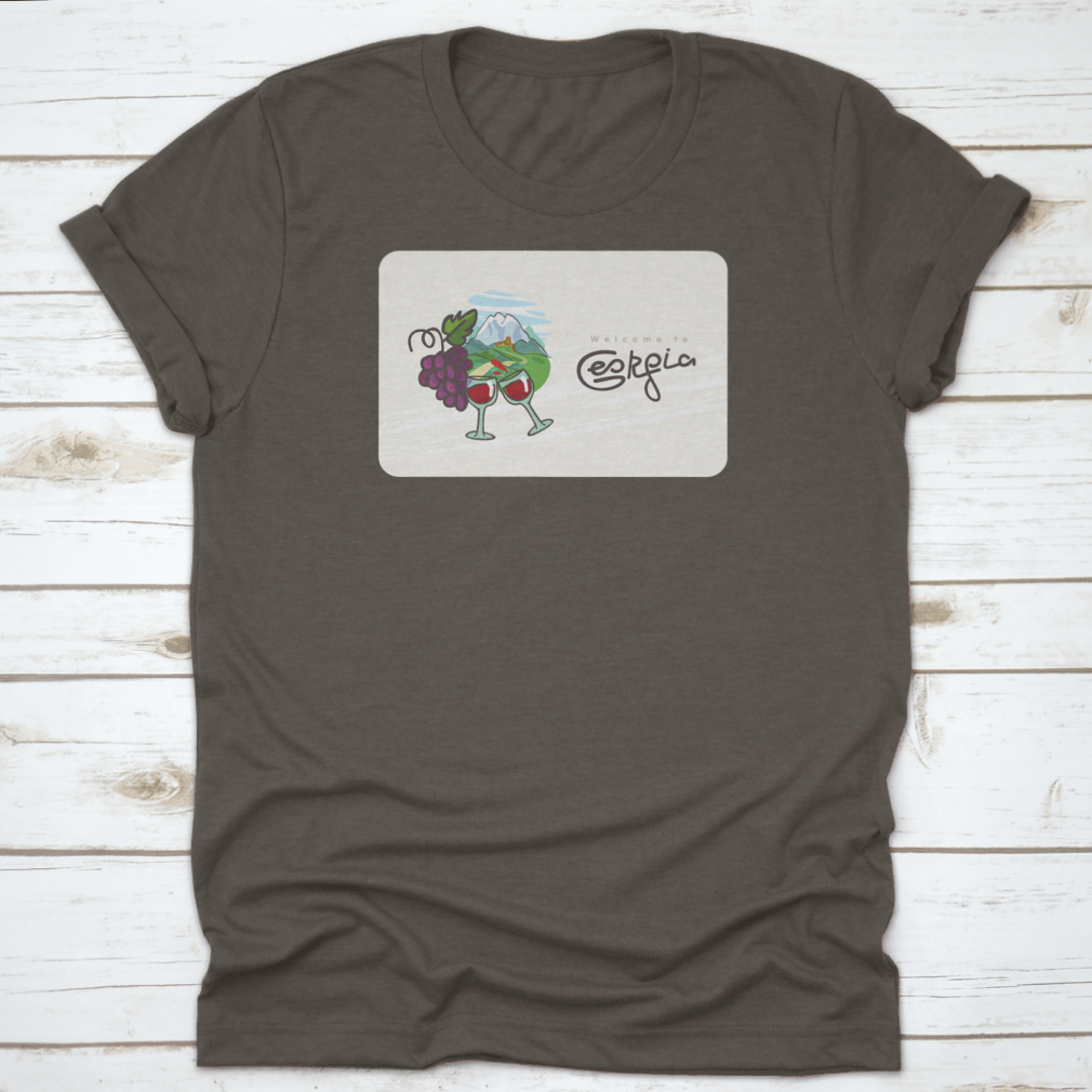 Georgia Travel Shirt featuring a design of Georgian wine, glasses, and grapes on a comfortable cotton fabric.