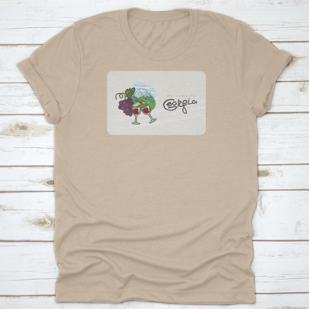 Georgia Travel Shirt featuring a design of Georgian wine, glasses, and grapes on a comfortable cotton fabric.