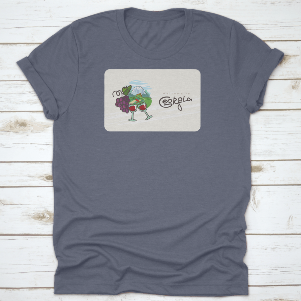Georgia Travel Shirt featuring a design of Georgian wine, glasses, and grapes on a comfortable cotton fabric.