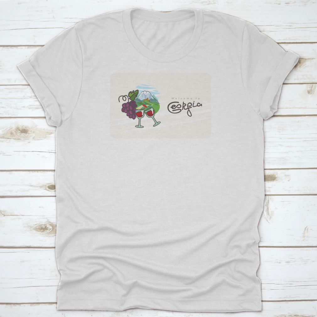 Georgia Travel Shirt featuring a design of Georgian wine, glasses, and grapes on a comfortable cotton fabric.