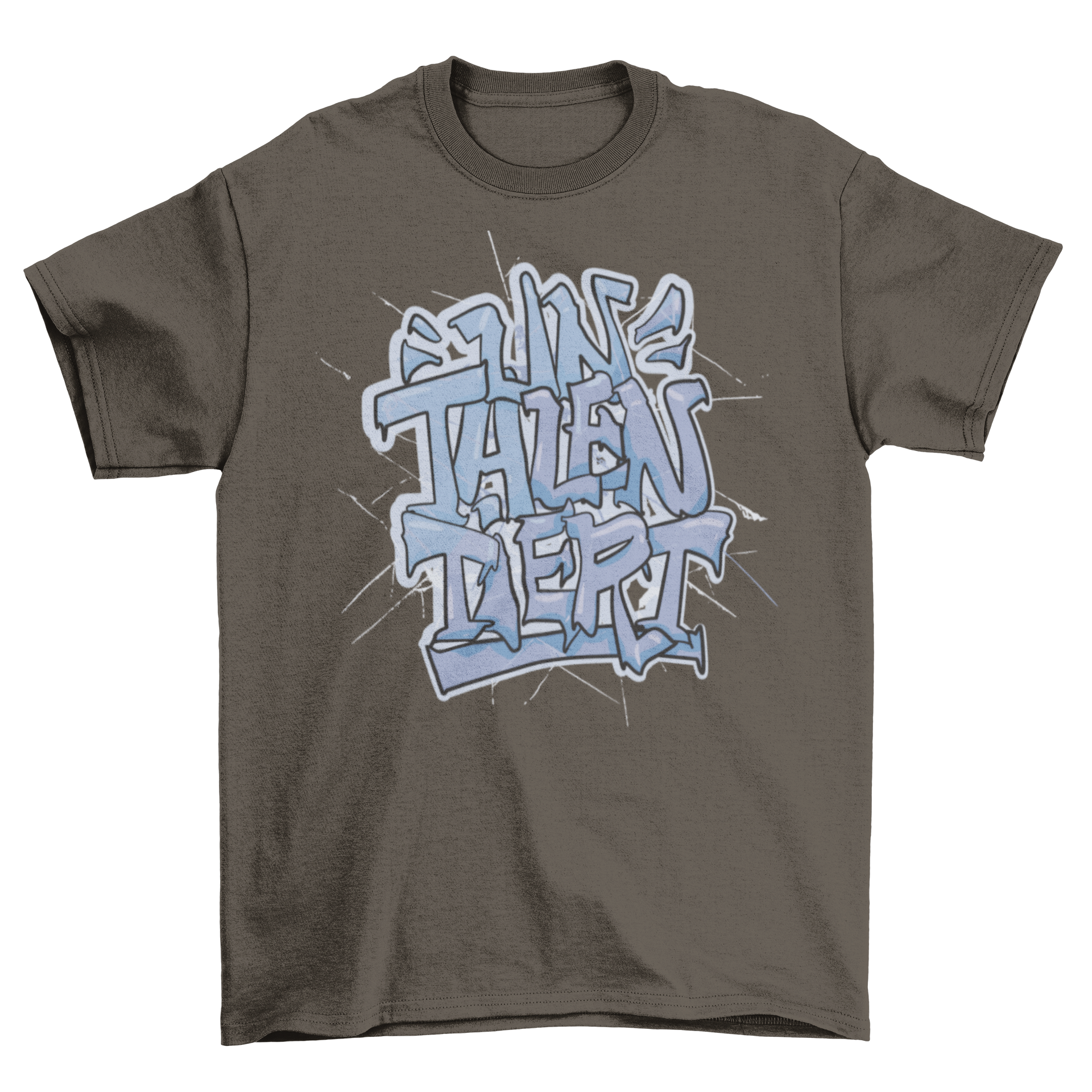 A stylish t-shirt featuring a graffiti design with a German quote meaning 'Untalented', showcasing vibrant colors and artistic font.