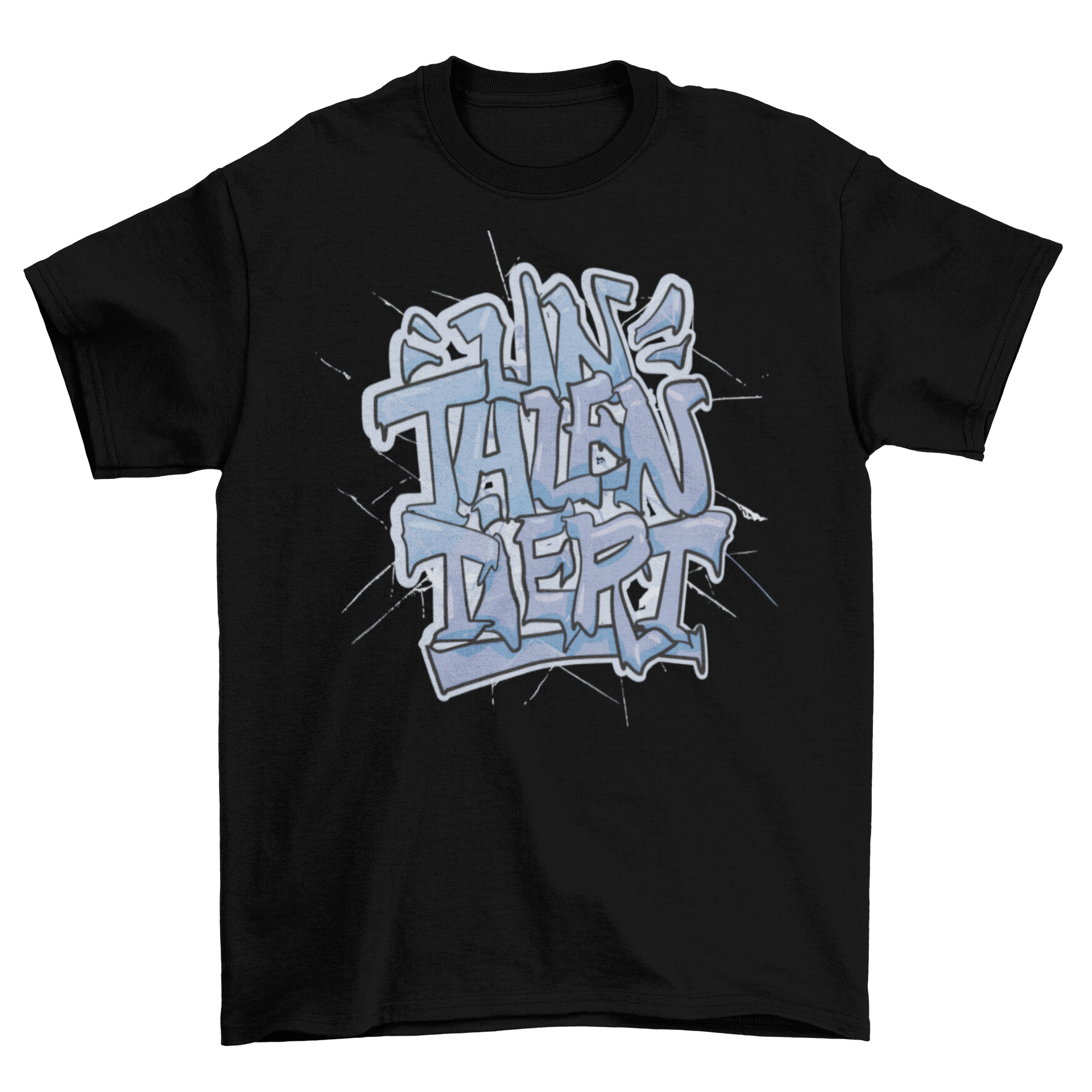 A stylish t-shirt featuring a graffiti design with a German quote meaning 'Untalented', showcasing vibrant colors and artistic font.