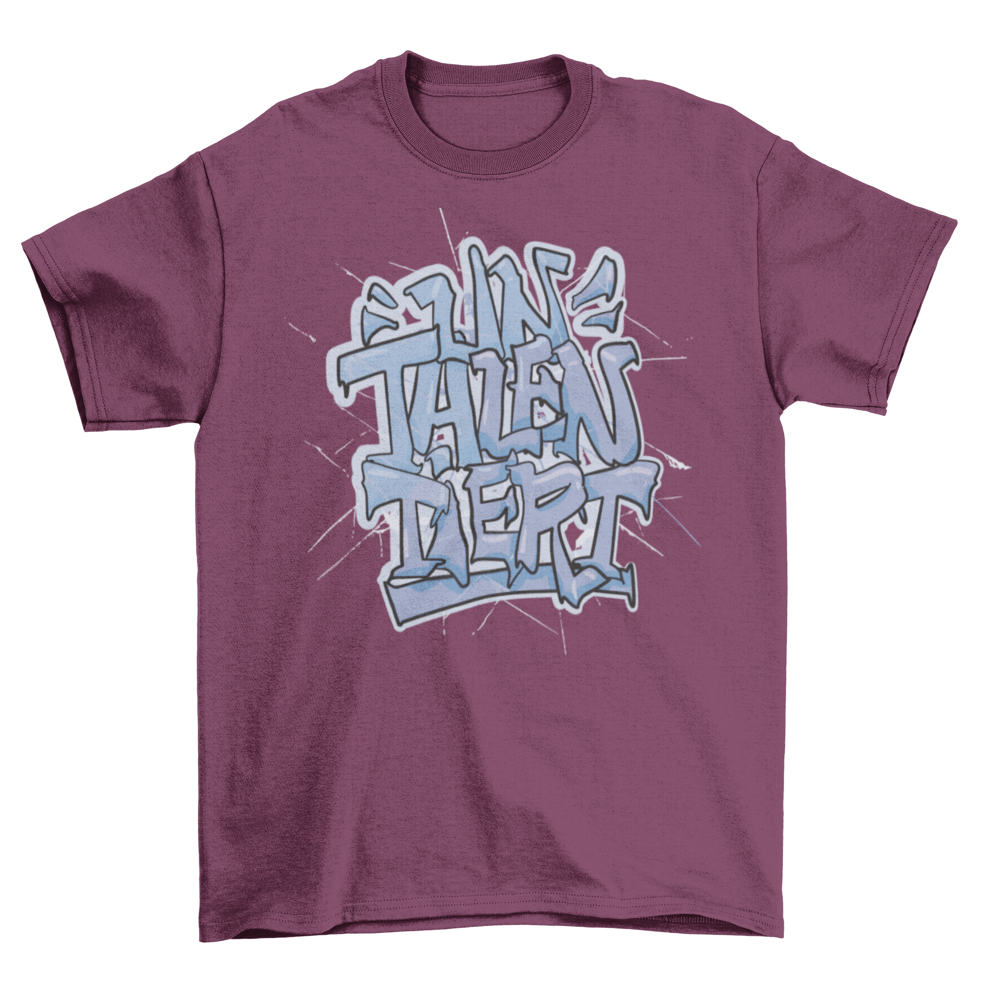 A stylish t-shirt featuring a graffiti design with a German quote meaning 'Untalented', showcasing vibrant colors and artistic font.