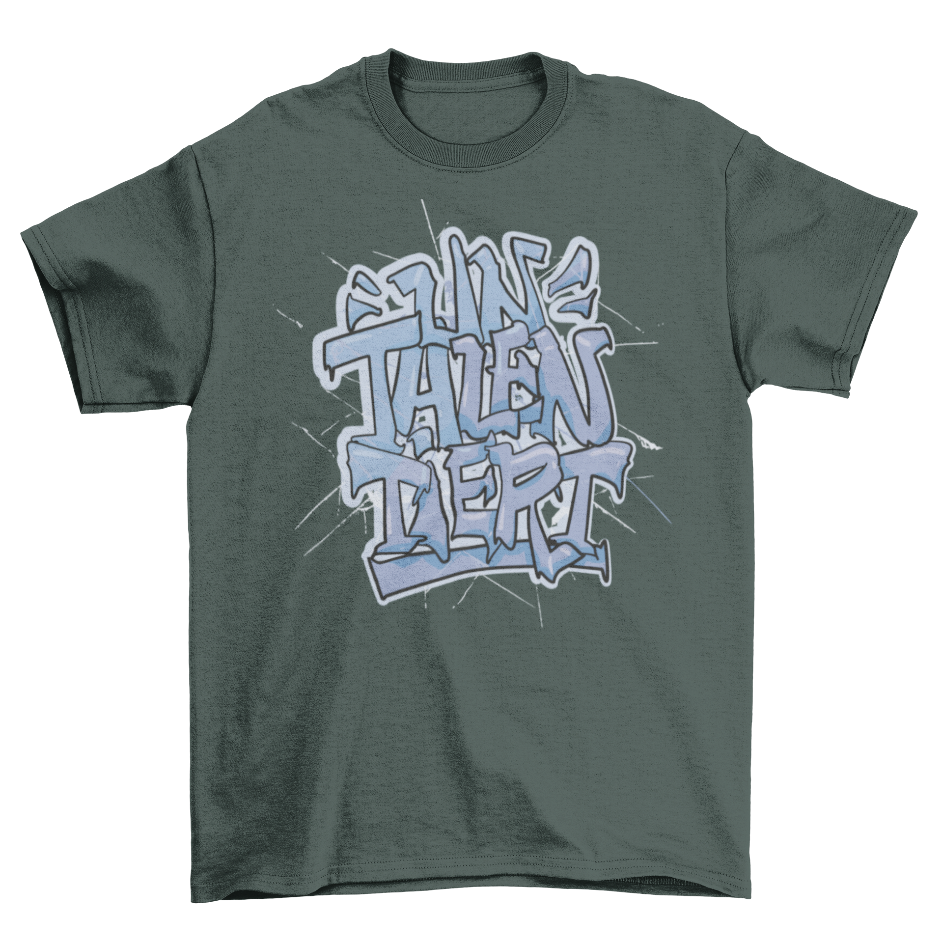A stylish t-shirt featuring a graffiti design with a German quote meaning 'Untalented', showcasing vibrant colors and artistic font.