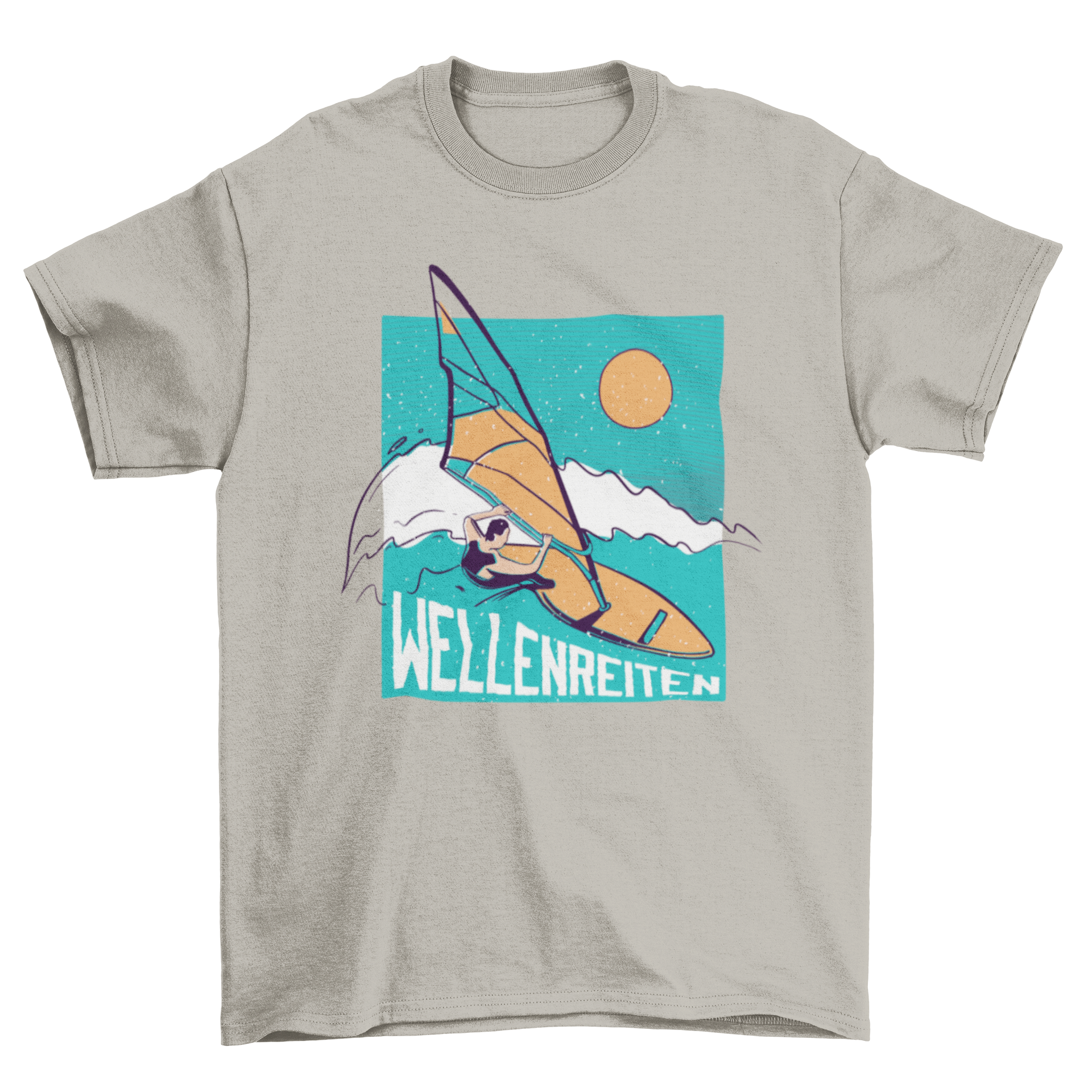 A stylish T-shirt featuring a windsurfer graphic and the German word 'Wellenreiten' meaning 'surfing'.