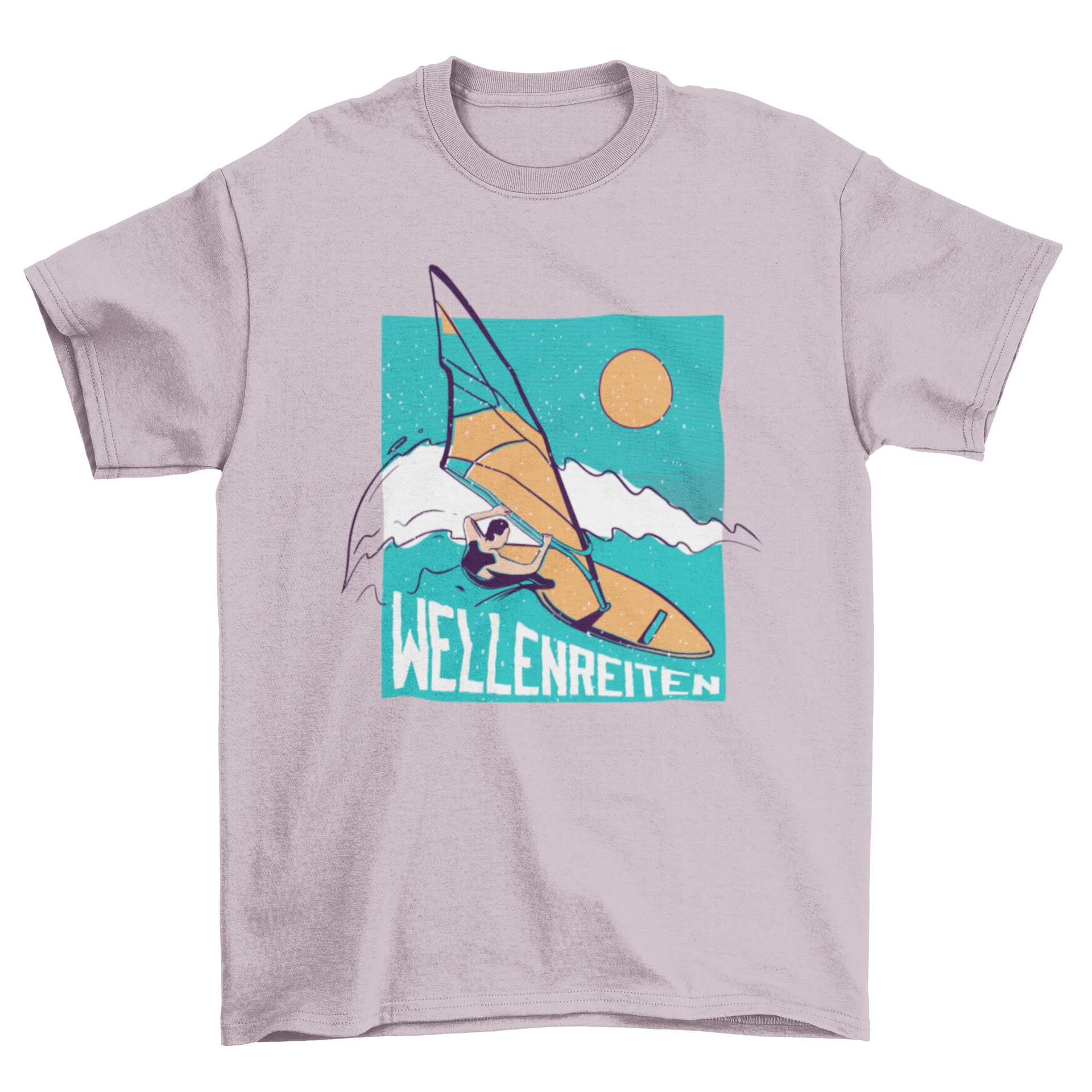 A stylish T-shirt featuring a windsurfer graphic and the German word 'Wellenreiten' meaning 'surfing'.
