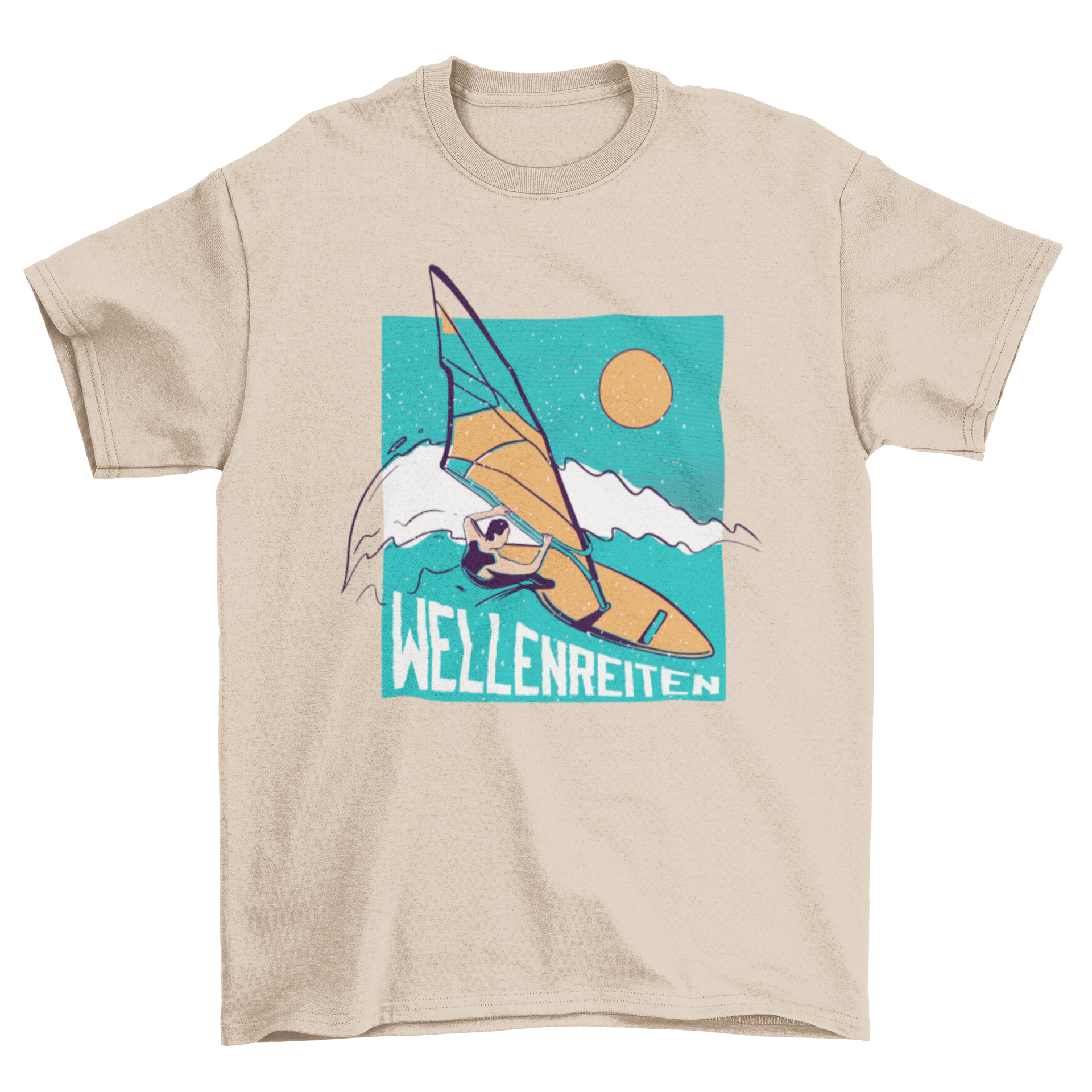 A stylish T-shirt featuring a windsurfer graphic and the German word 'Wellenreiten' meaning 'surfing'.