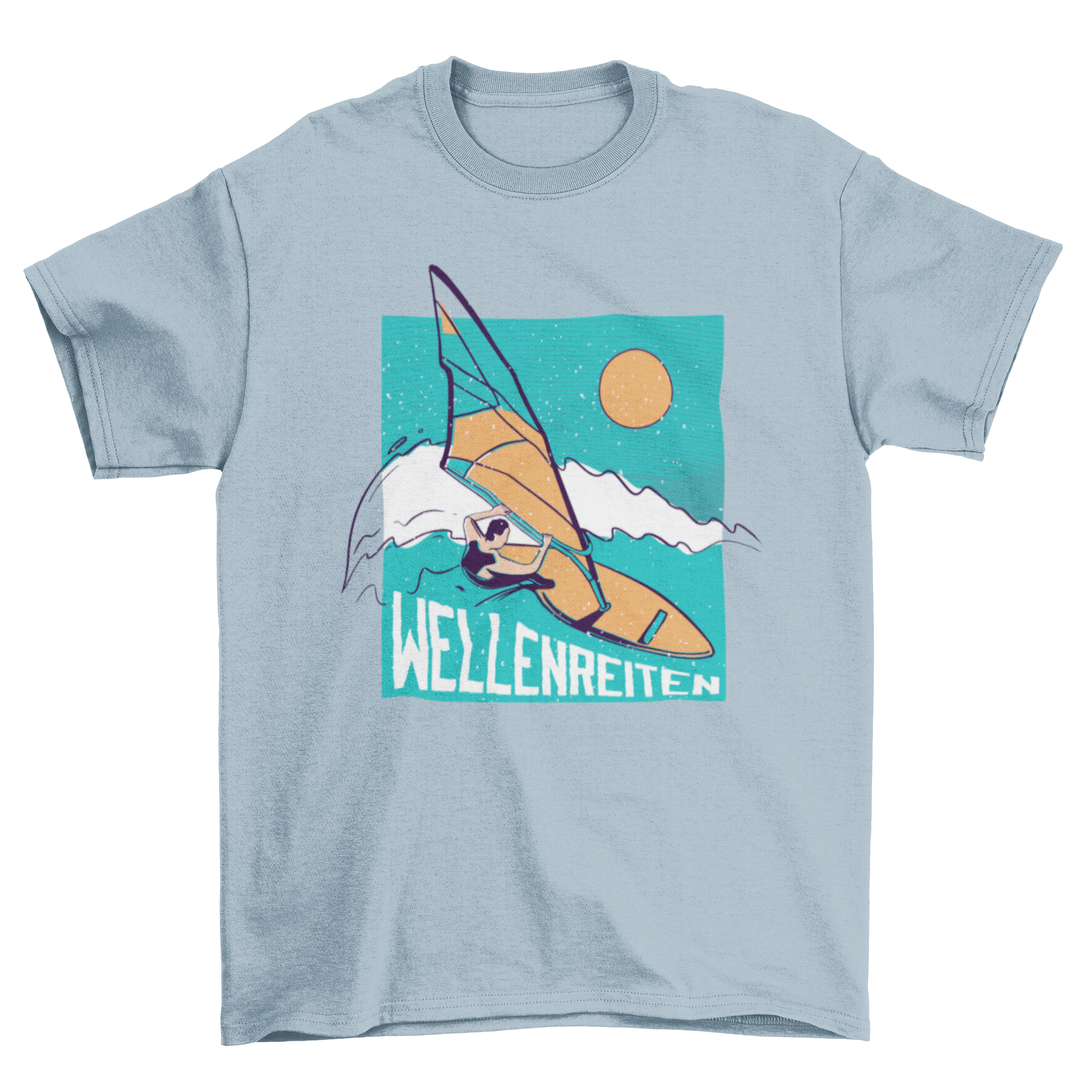 A stylish T-shirt featuring a windsurfer graphic and the German word 'Wellenreiten' meaning 'surfing'.