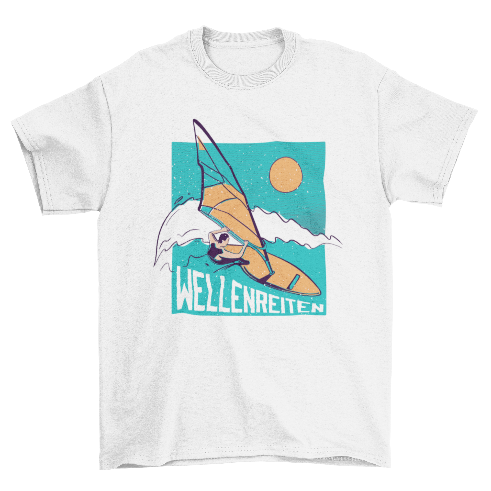 A stylish T-shirt featuring a windsurfer graphic and the German word 'Wellenreiten' meaning 'surfing'.