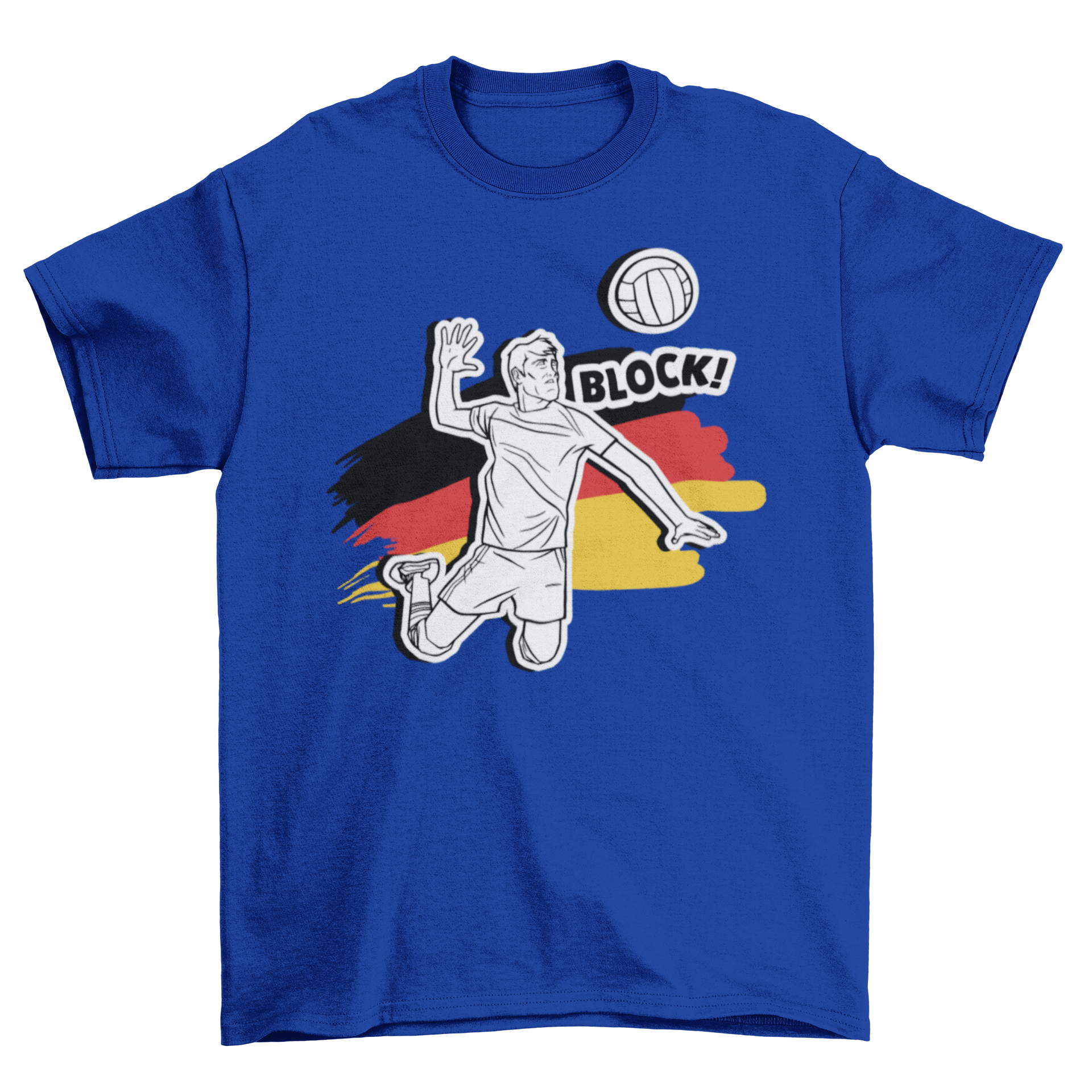 German volleyball man t-shirt featuring a vibrant illustration of a man playing volleyball with the German flag and 'Block!' caption.