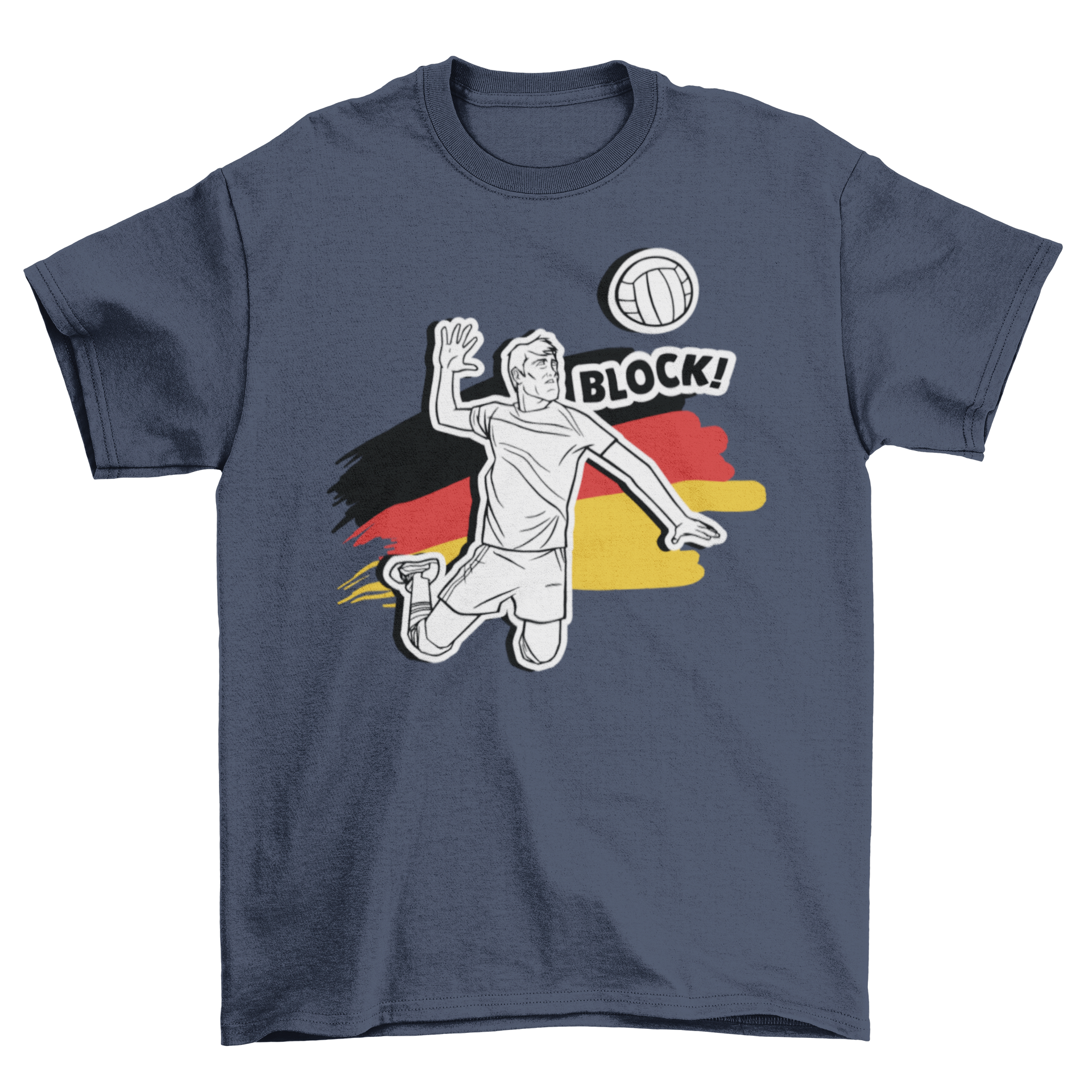 German volleyball man t-shirt featuring a vibrant illustration of a man playing volleyball with the German flag and 'Block!' caption.
