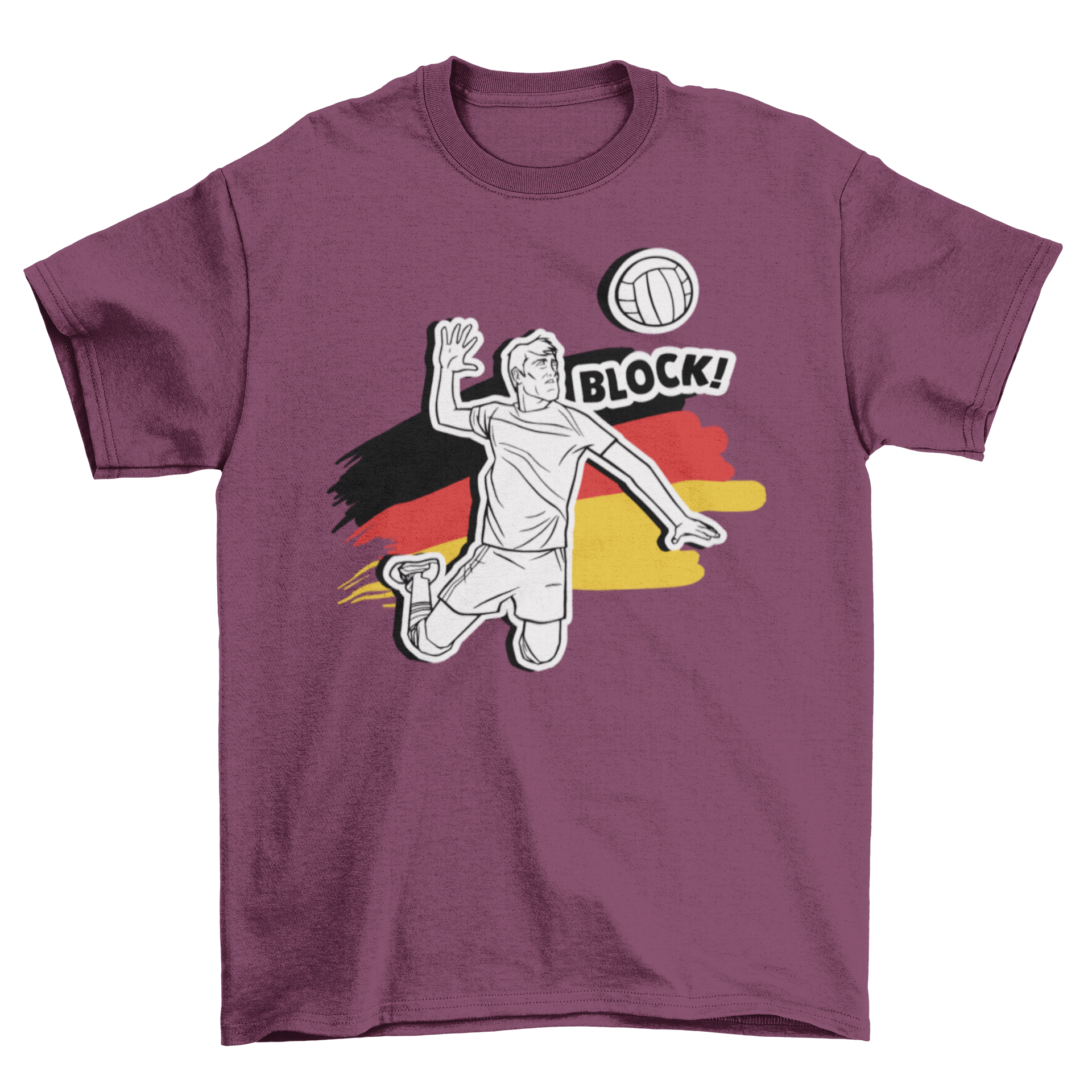 German volleyball man t-shirt featuring a vibrant illustration of a man playing volleyball with the German flag and 'Block!' caption.