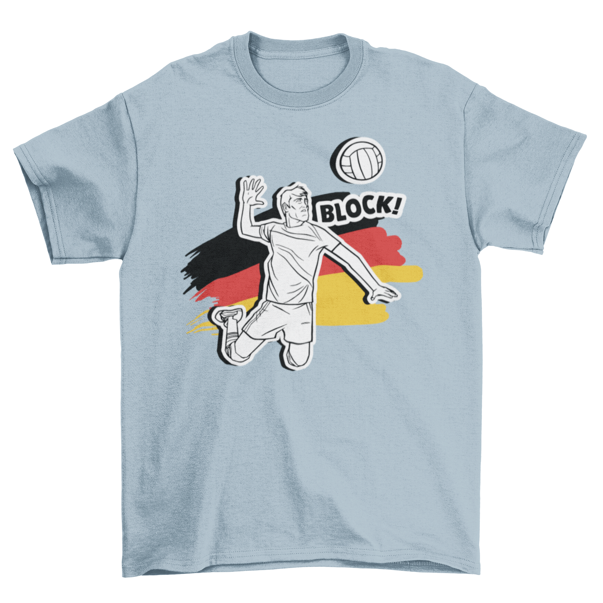 German volleyball man t-shirt featuring a vibrant illustration of a man playing volleyball with the German flag and 'Block!' caption.