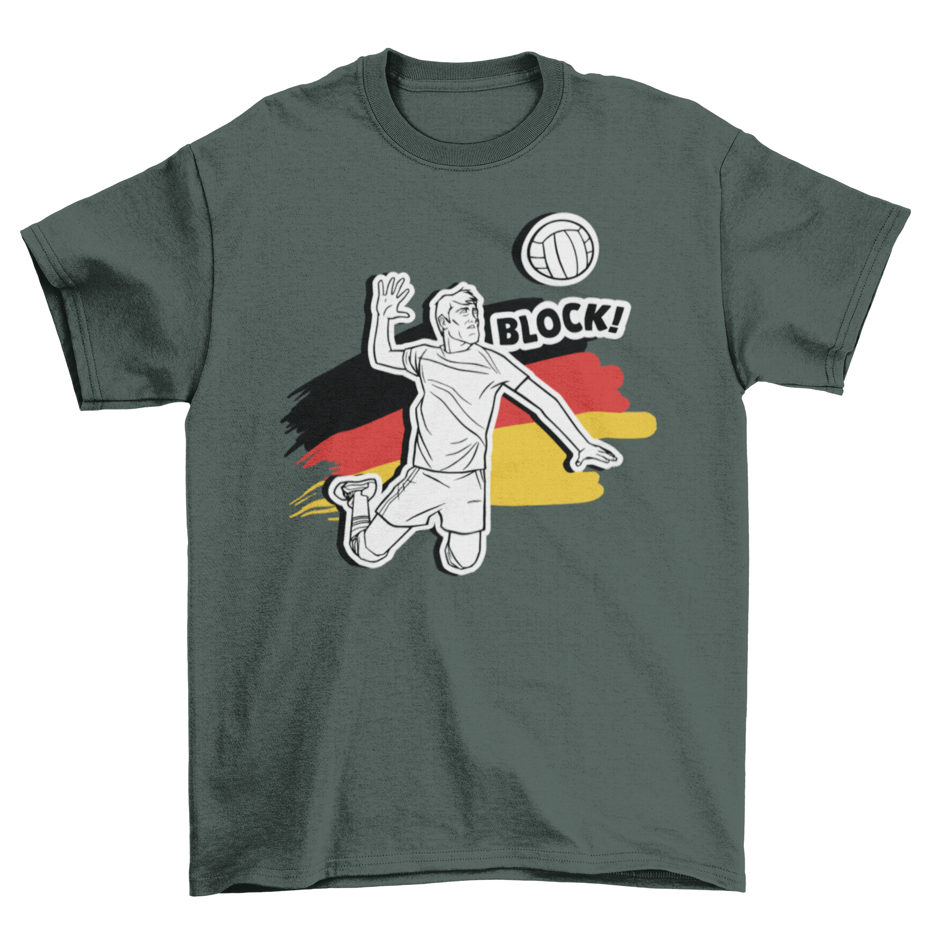 German volleyball man t-shirt featuring a vibrant illustration of a man playing volleyball with the German flag and 'Block!' caption.