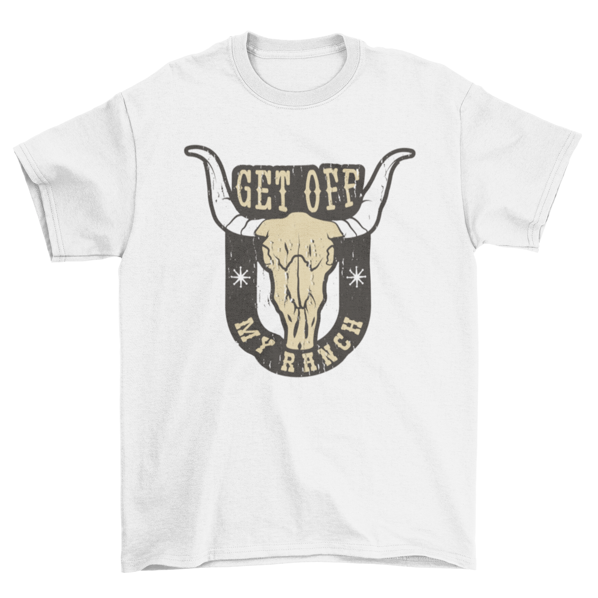 Vintage style t-shirt featuring a cow skull and the quote 'Get off my ranch', perfect for casual wear.