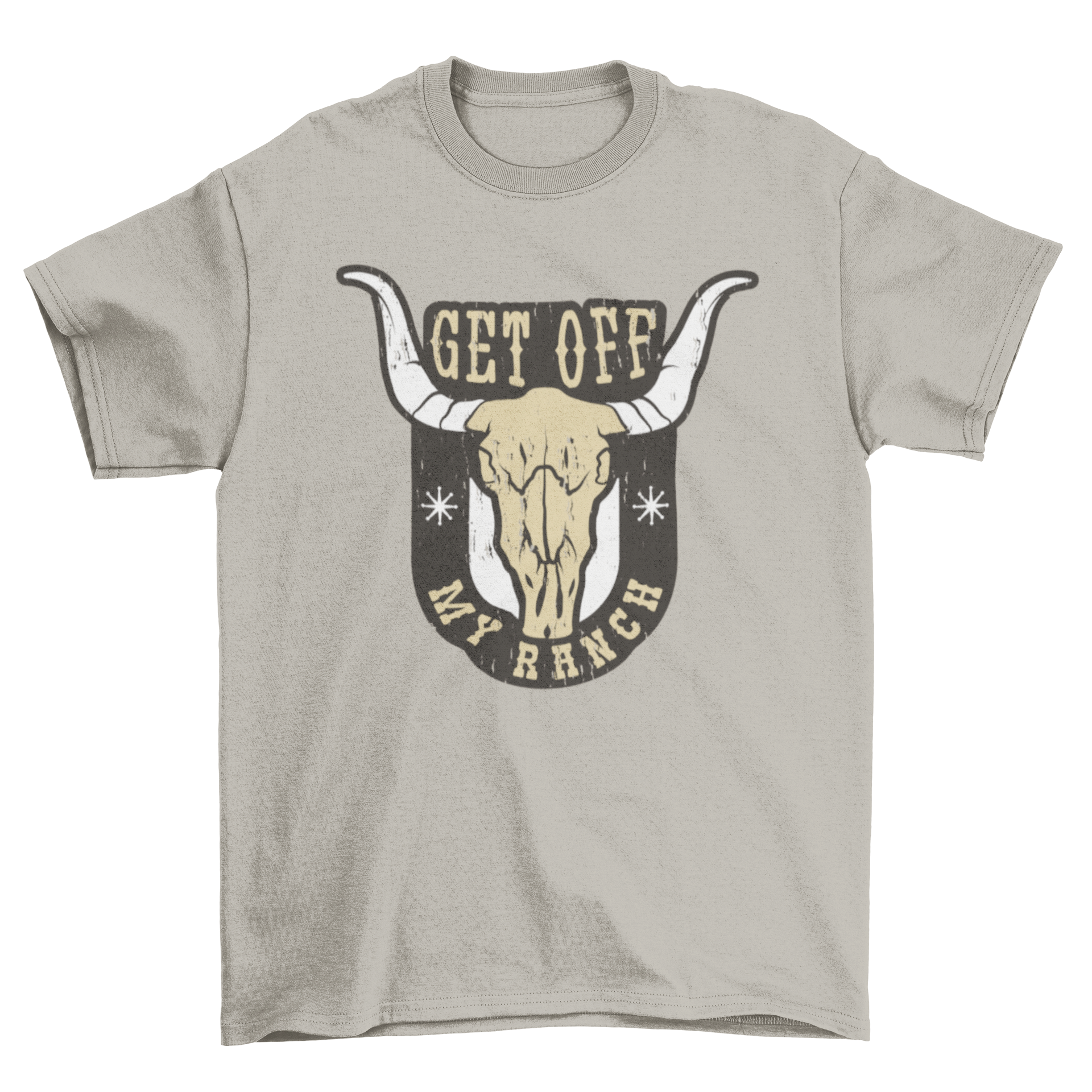 Vintage style t-shirt featuring a cow skull and the quote 'Get off my ranch', perfect for casual wear.